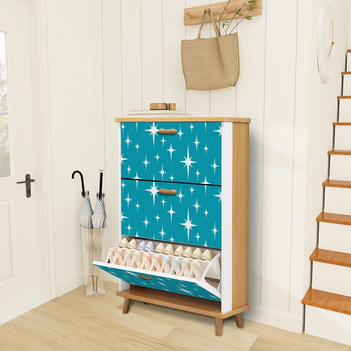 Kate McEnroe New York MCM Starburst Teal Shoe Cabinet, Retro Mid Century Modern Entry Storage ChestShoe Storage856oXZeU0s