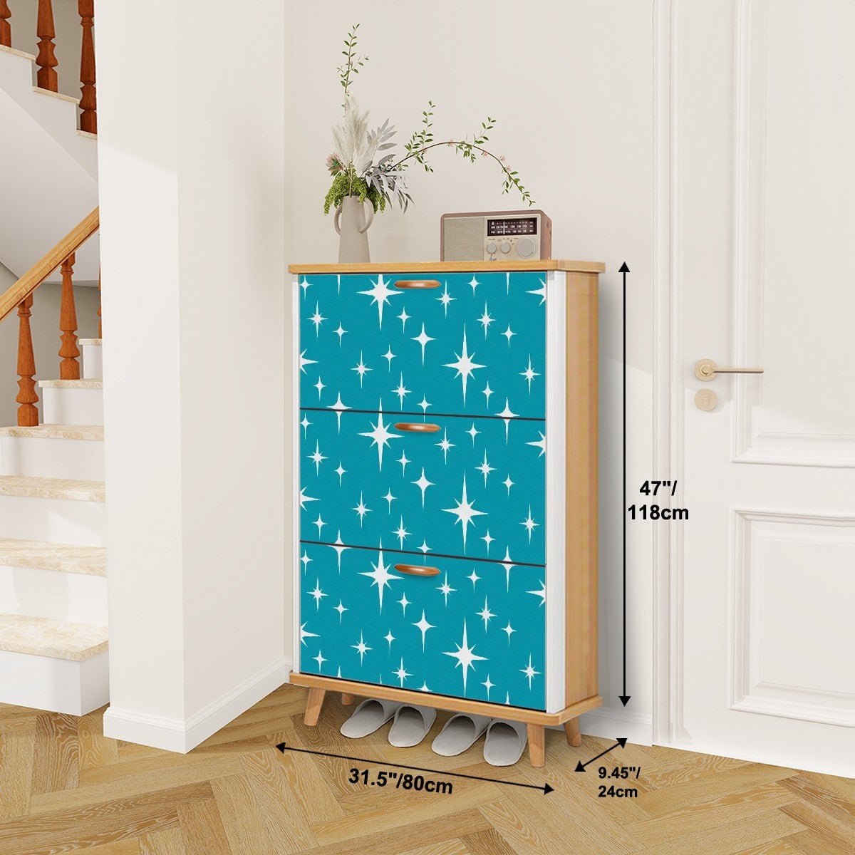 MCM Starburst Teal Shoe Cabinet, Retro Mid Century Modern Entry