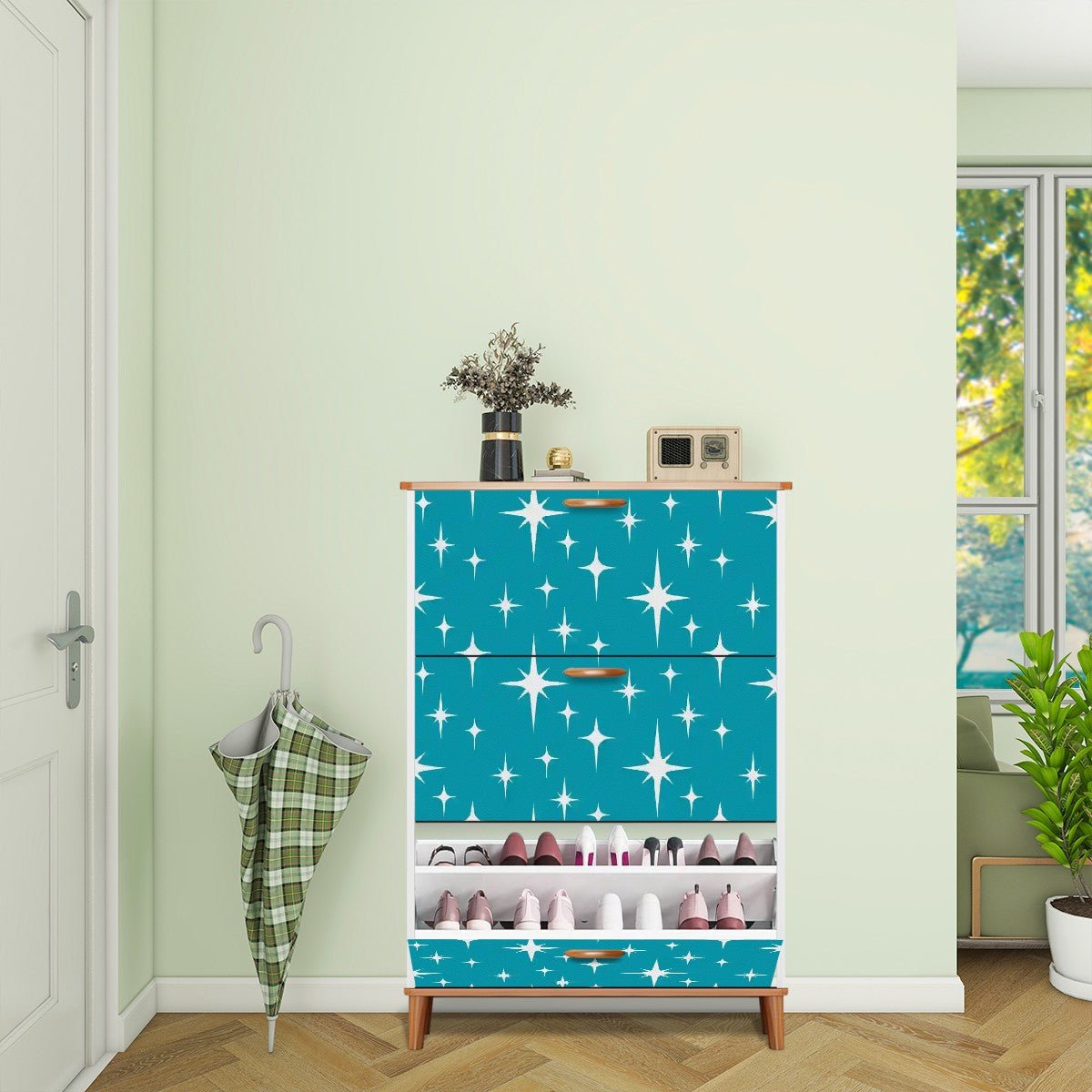 Kate McEnroe New York MCM Starburst Teal Shoe Cabinet, Retro Mid Century Modern Entry Storage ChestShoe Storage856oXZeU0s