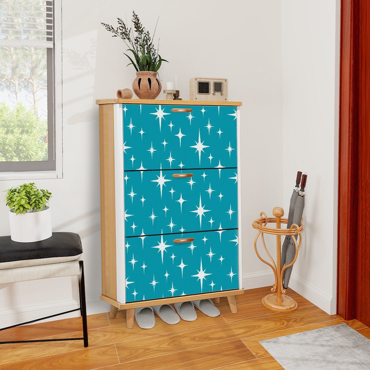 Kate McEnroe New York MCM Starburst Teal Shoe Cabinet, Retro Mid Century Modern Entry Storage ChestShoe Storage856oXZeU0s
