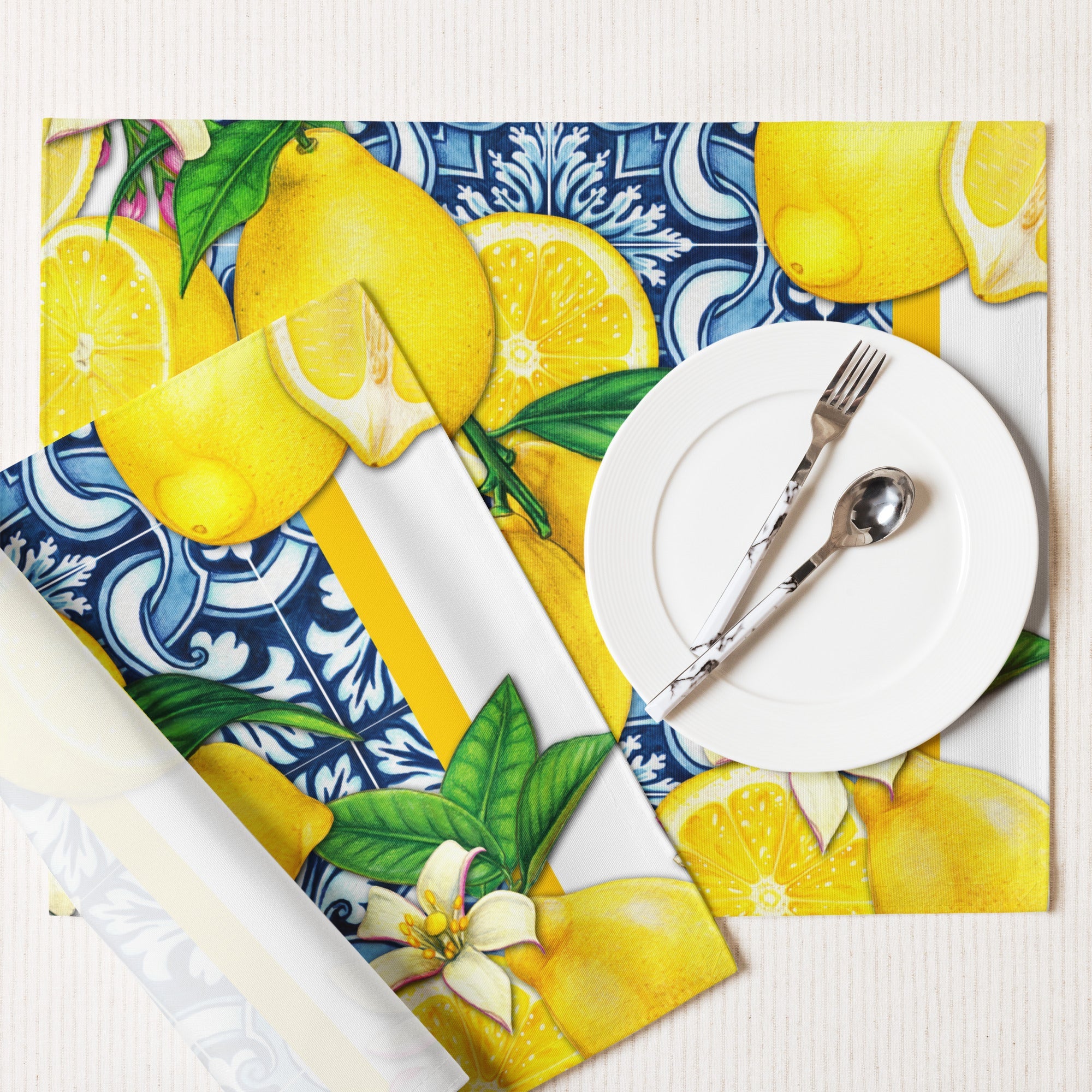 Kate McEnroe New York Mediterranean Citrus Cobalt Blue and Yellow Lemon and Tiles Set of 4 PlacematsPlacemats6496248_17484