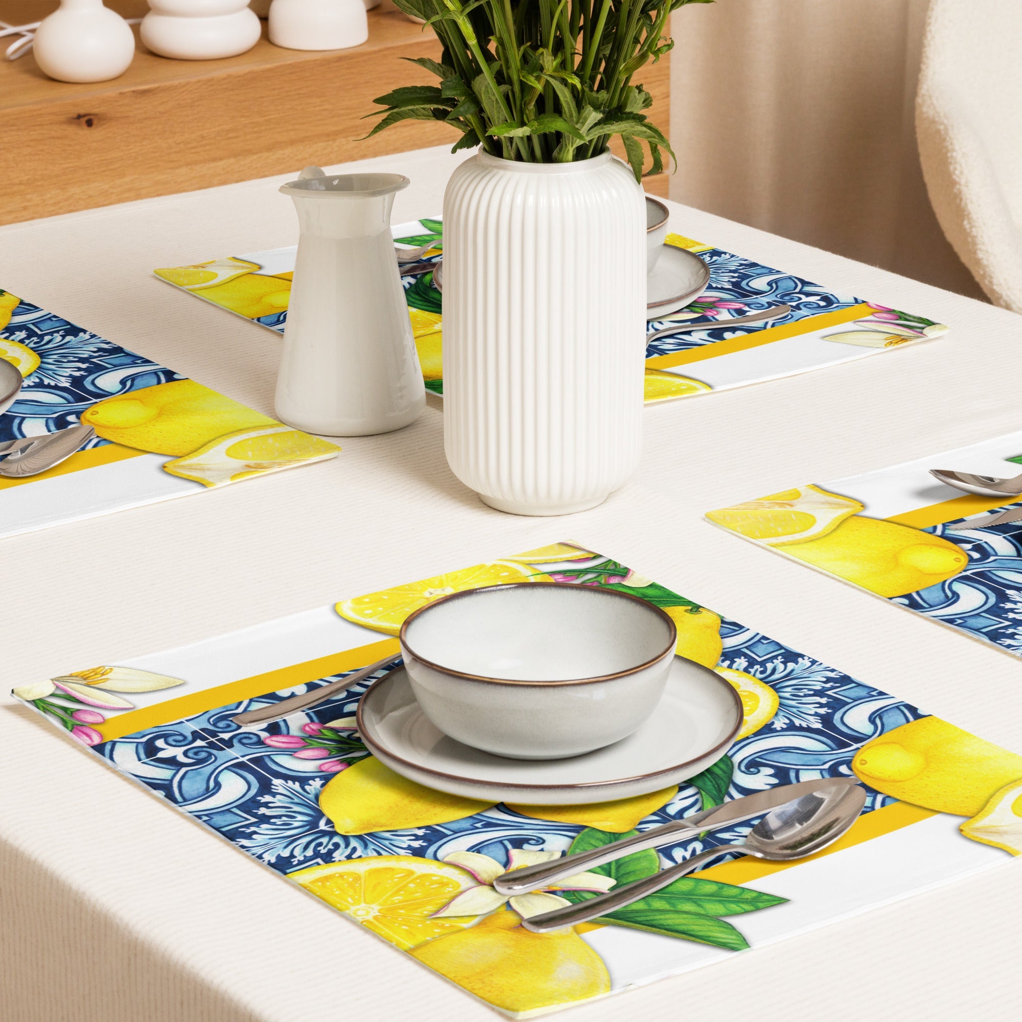 Kate McEnroe New York Mediterranean Citrus Cobalt Blue and Yellow Lemon and Tiles Set of 4 PlacematsPlacemats6496248_17484