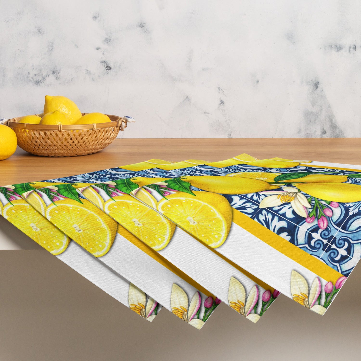 Kate McEnroe New York Mediterranean Citrus Cobalt Blue and Yellow Lemon and Tiles Set of 4 PlacematsPlacemats6496248_17484