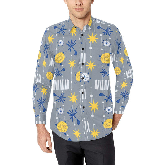 interestprint Men's Gray Atomic Starburst Geometric Pattern Long Sleeve Button Up Shirt Shirts