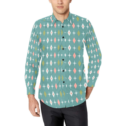 interestprint Men's Mid Century Modern Diamond Starburst Button Up Long Sleeve Shirt Shirts