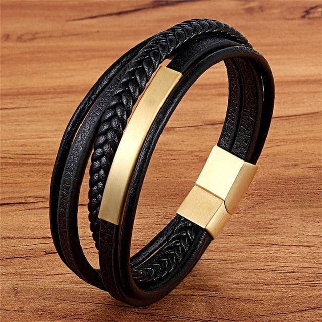 Kate McEnroe New York Men's Multi-layer Hand-Woven Leather Bracelet Bracelets Gold color / 19cm 37183955-gold-color-19cm