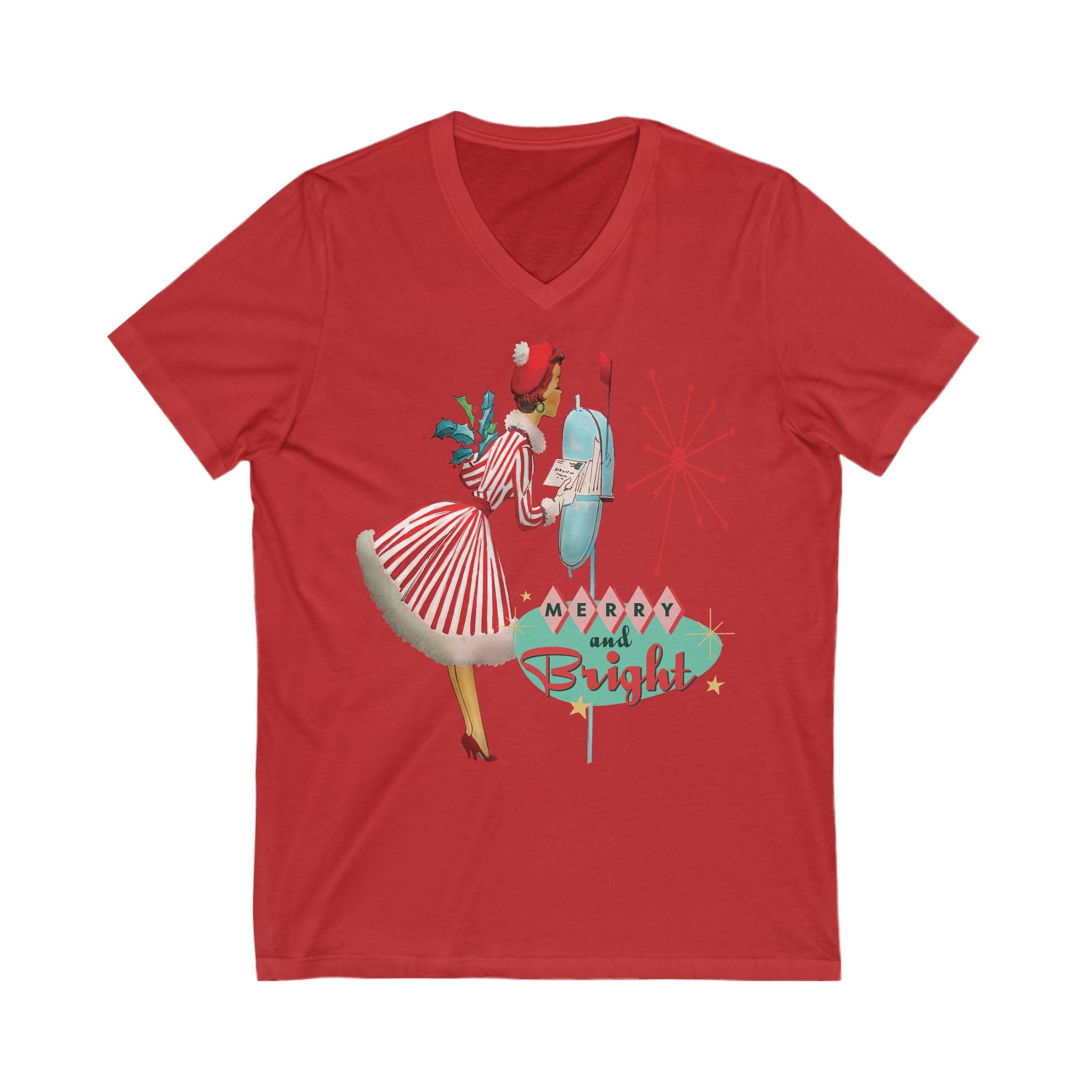 Kate McEnroe New York Merry and Bright Retro 50s Kitsch Christmas V - Neck Tee, Mid Century Modern Holiday Apparel, Vintage Christmas Card Art ShirtT-Shirts26748357490527891716