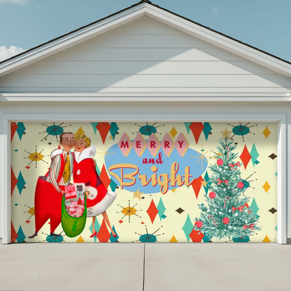 Kate McEnroe New York Merry and Bright Vintage Christmas Garage Door Banner, Retro Mid Century Modern Holiday DecorGarage Door BannerPlilt075Wk