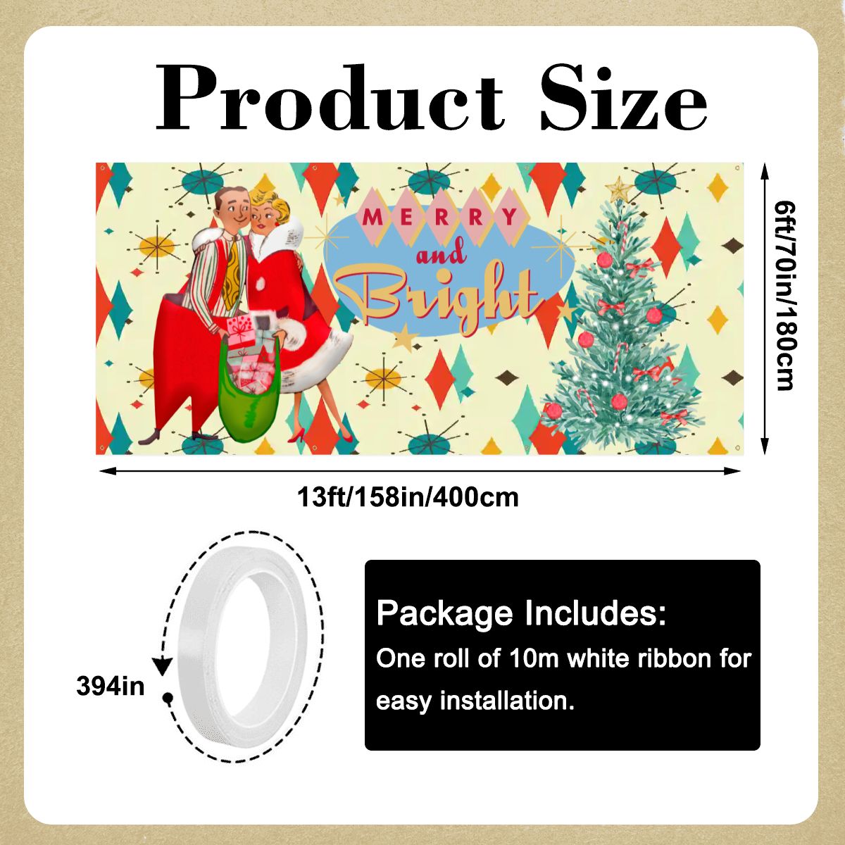 Kate McEnroe New York Merry and Bright Vintage Christmas Garage Door Banner, Retro Mid Century Modern Holiday DecorGarage Door BannerPlilt075Wk