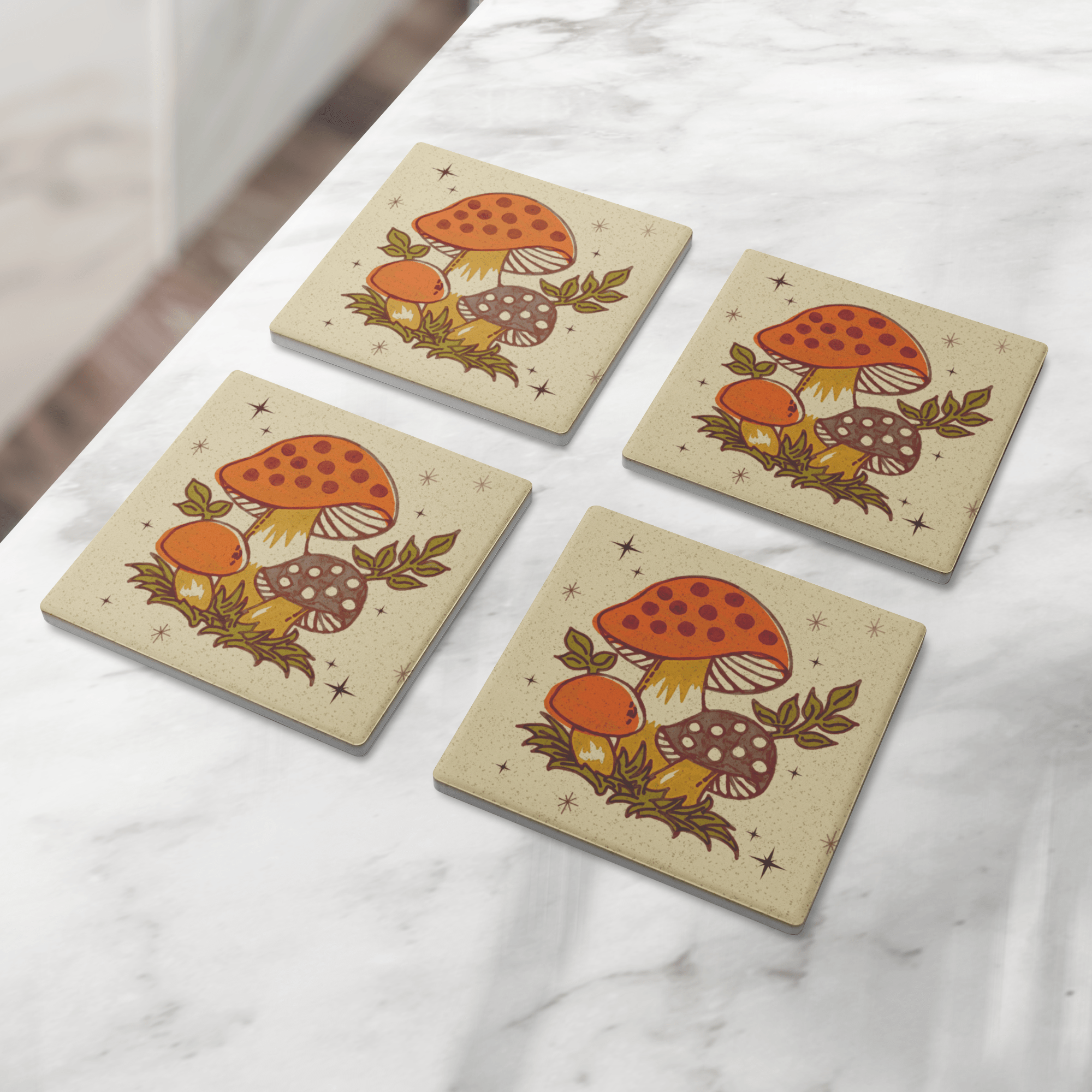 Kate McEnroe New York Merry Mushroom Coasters, Mid Century Modern Retro 70s Drinkware Set of 4Coasters7021