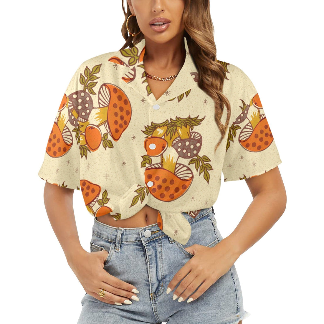 Kate McEnroe New York Merry Mushroom Hawaiian Shirt, Retro 70s Cottagecore Button - Up, Vintage - Inspired Funky Fungi ShirtWomen&