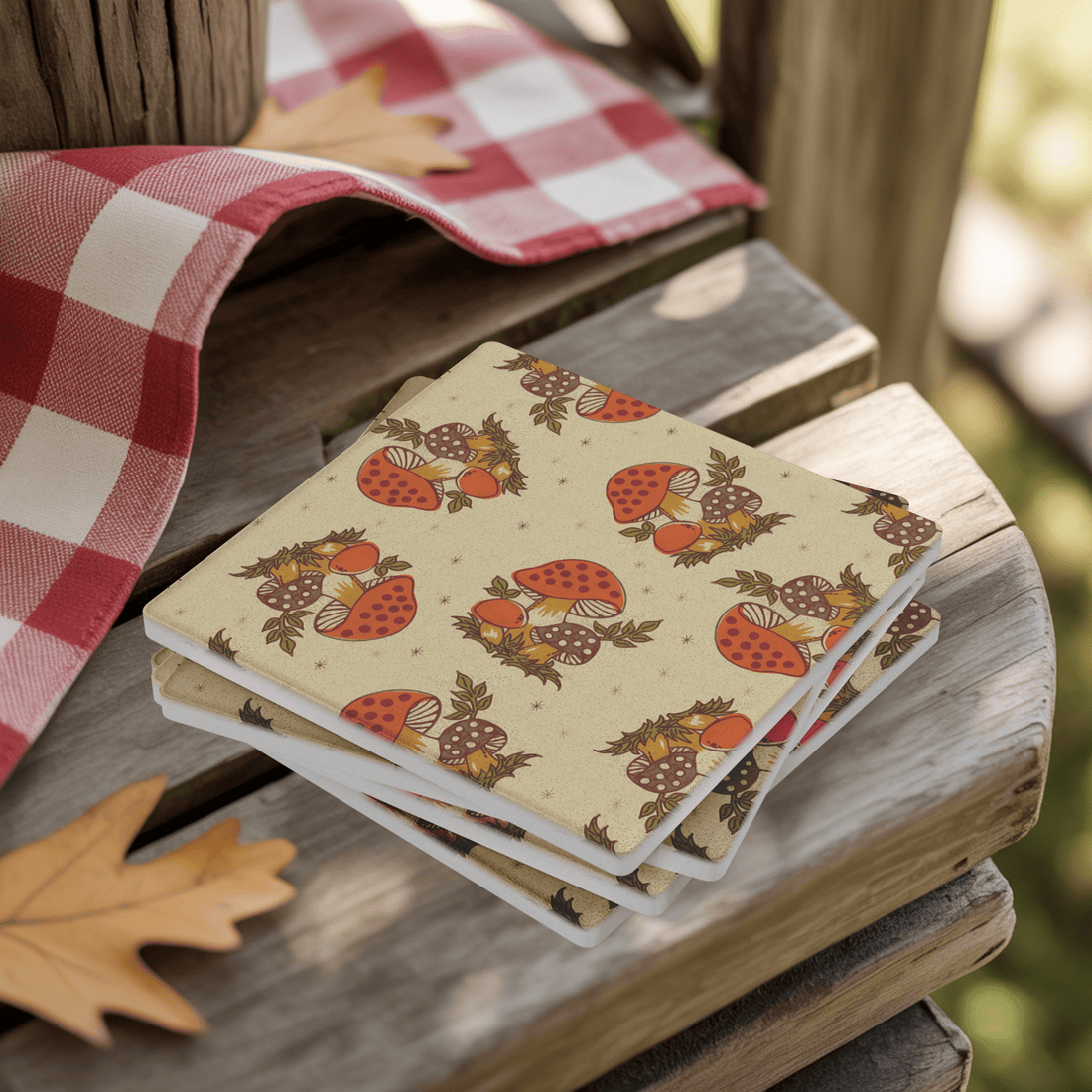 Kate McEnroe New York Merry Mushroom Soapstone Coasters, Mid Century Retro 70s DrinkwareCoasters7021