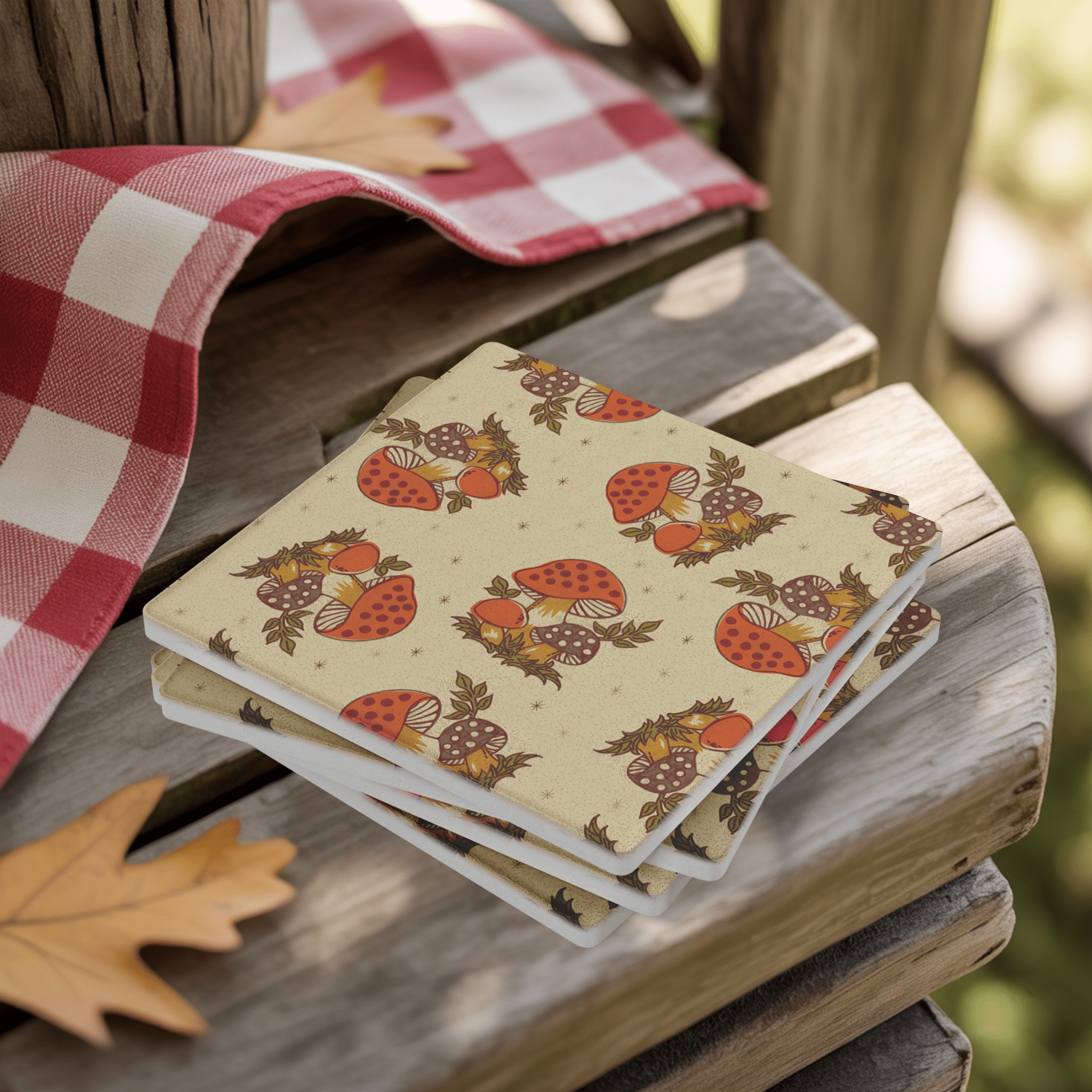 Kate McEnroe New York Merry Mushroom Soapstone Coasters, Mid Century Retro 70s DrinkwareCoasters7021