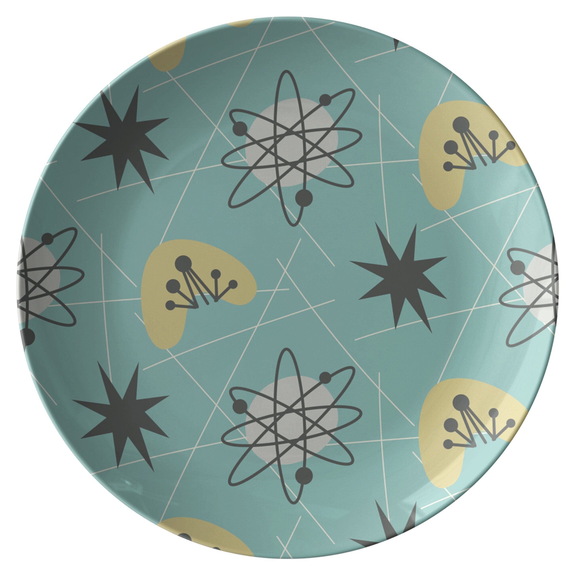 Kate McEnroe New York Mid Century 1950s Retro Aqua Starbursts Atomic Boomerang Dinner PlatePlatesP20 - MID - AQU - 97S