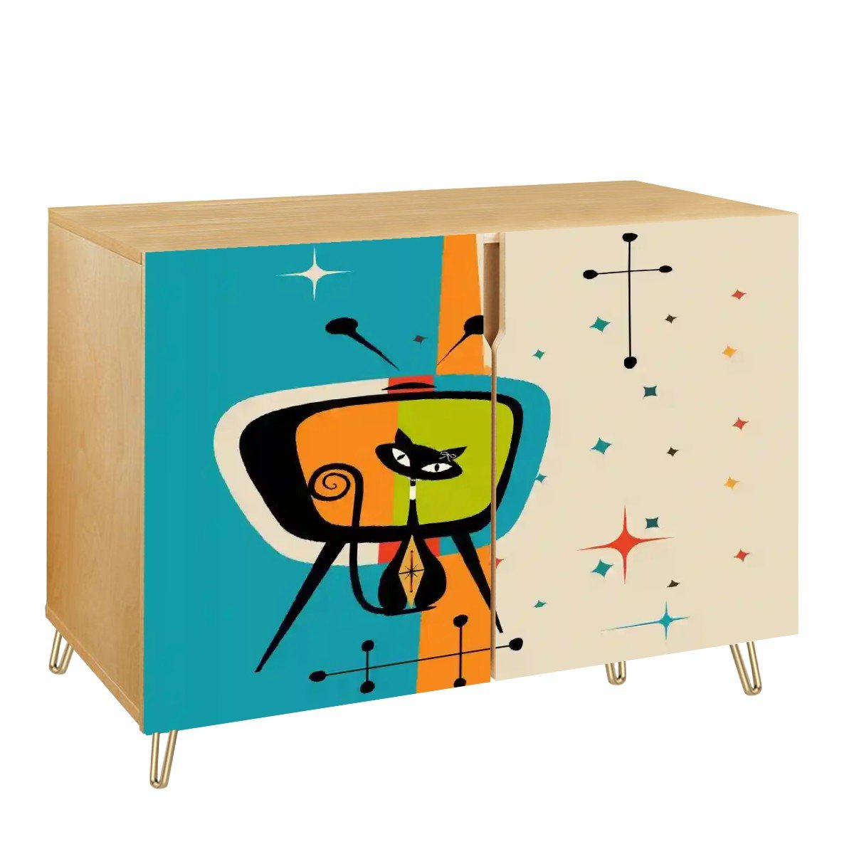 Kate McEnroe New York Mid Century Atomic Cat Retro TV Cabinet, 50s Mod Storage, Space Age Starburst AccentStorage CabinetsFc6U44nniy