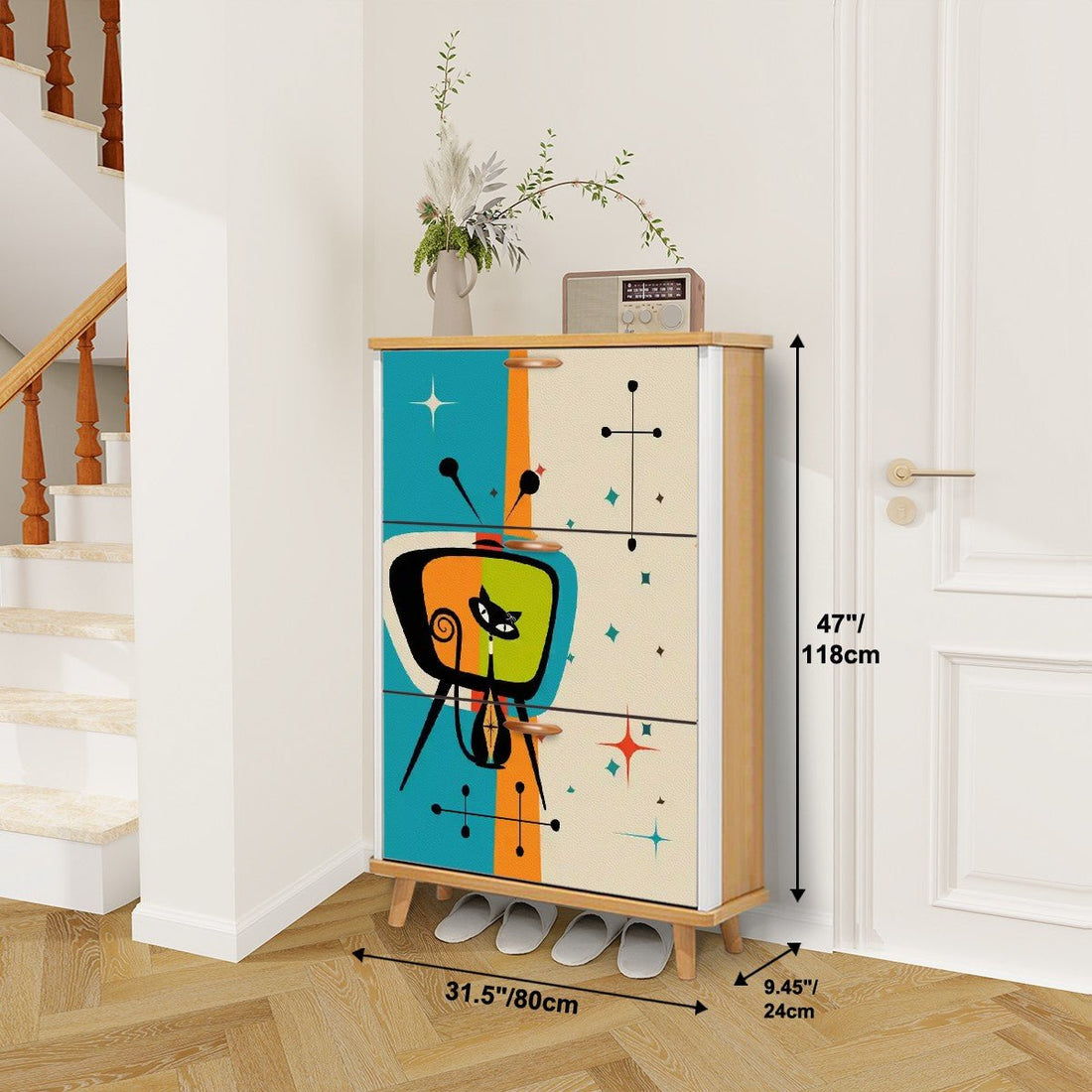 Kate McEnroe New York Mid Century Atomic Cat Retro TV Shoe Cabinet, Vintage Style Starburst Storage, 50s Mod FurnitureShoe StorageKfMI84bKpH