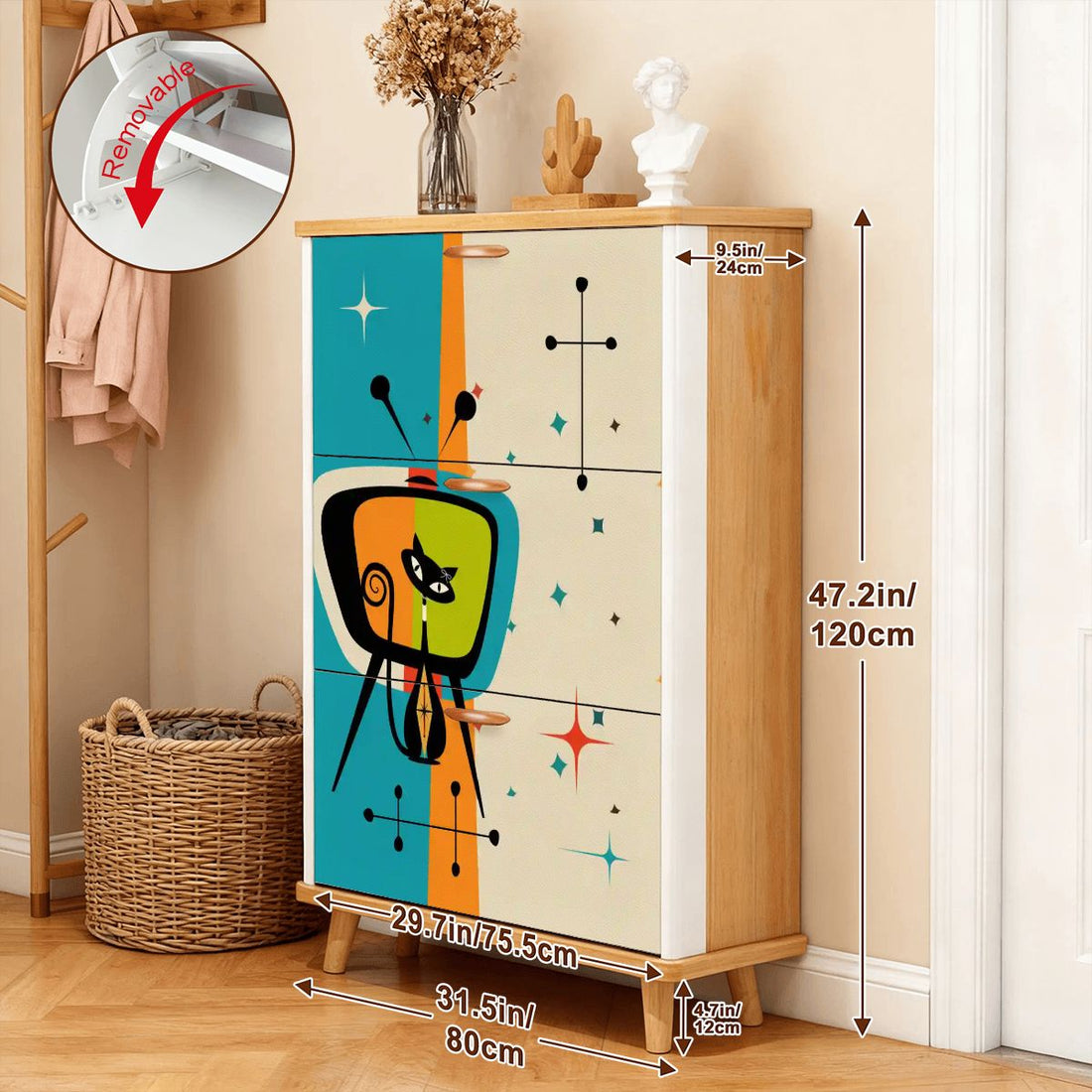 Kate McEnroe New York Mid Century Atomic Cat Retro TV Shoe Cabinet, Vintage Style Starburst Storage, 50s Mod FurnitureShoe StorageKfMI84bKpH