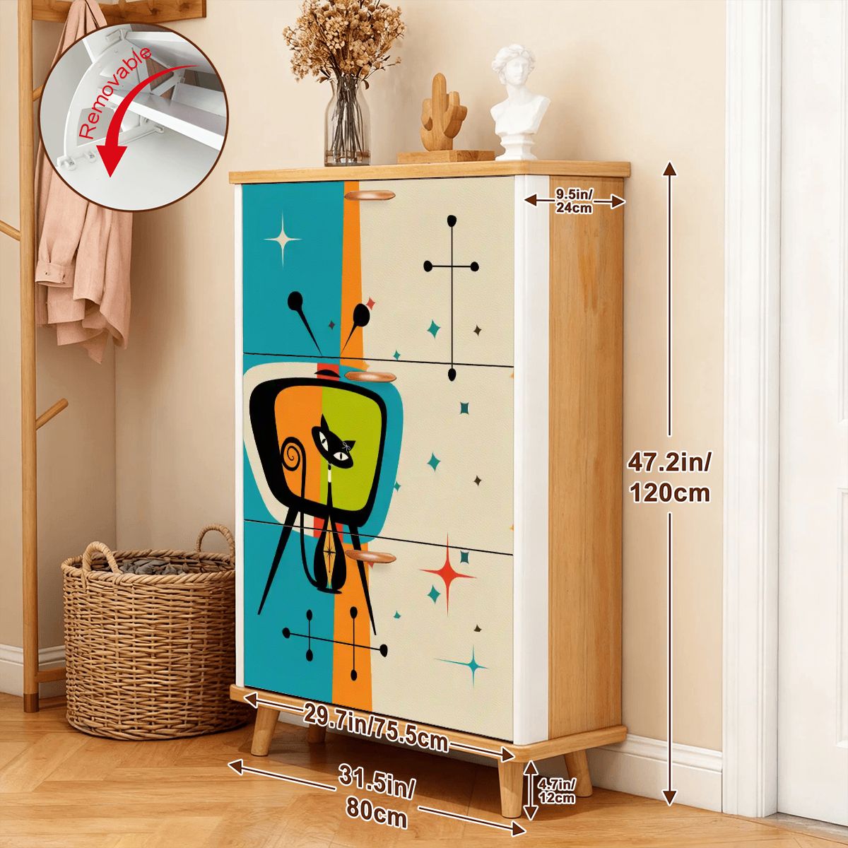 Kate McEnroe New York Mid Century Atomic Cat Retro TV Shoe Cabinet, Vintage Style Starburst Storage, 50s Mod FurnitureShoe StorageKfMI84bKpH