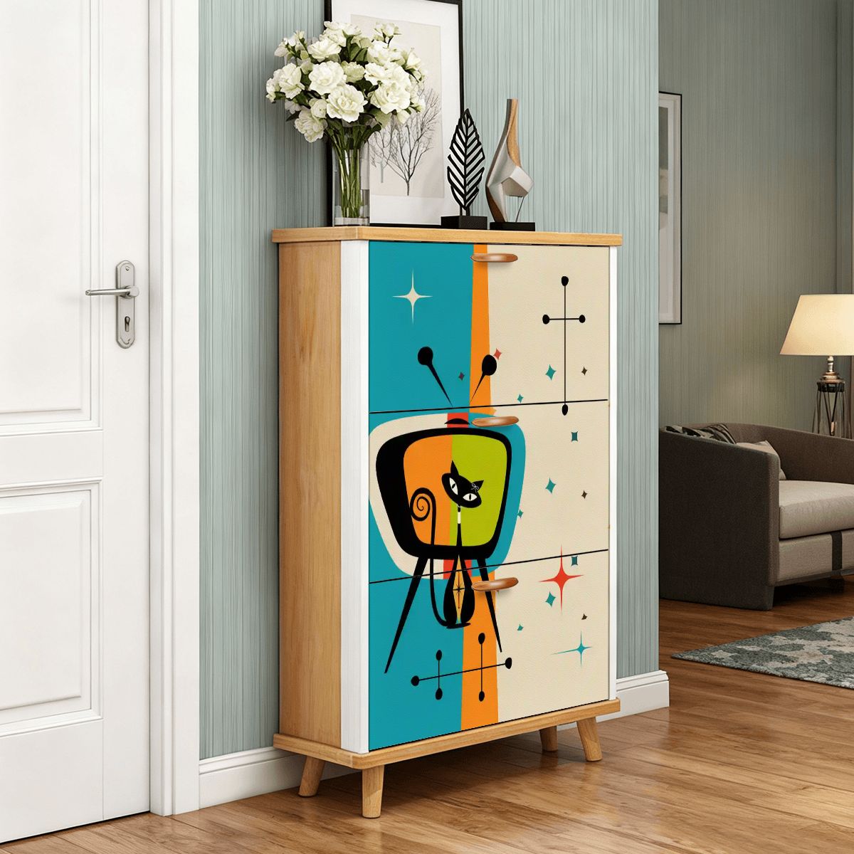 Kate McEnroe New York Mid Century Atomic Cat Retro TV Shoe Cabinet, Vintage Style Starburst Storage, 50s Mod FurnitureShoe StorageKfMI84bKpH