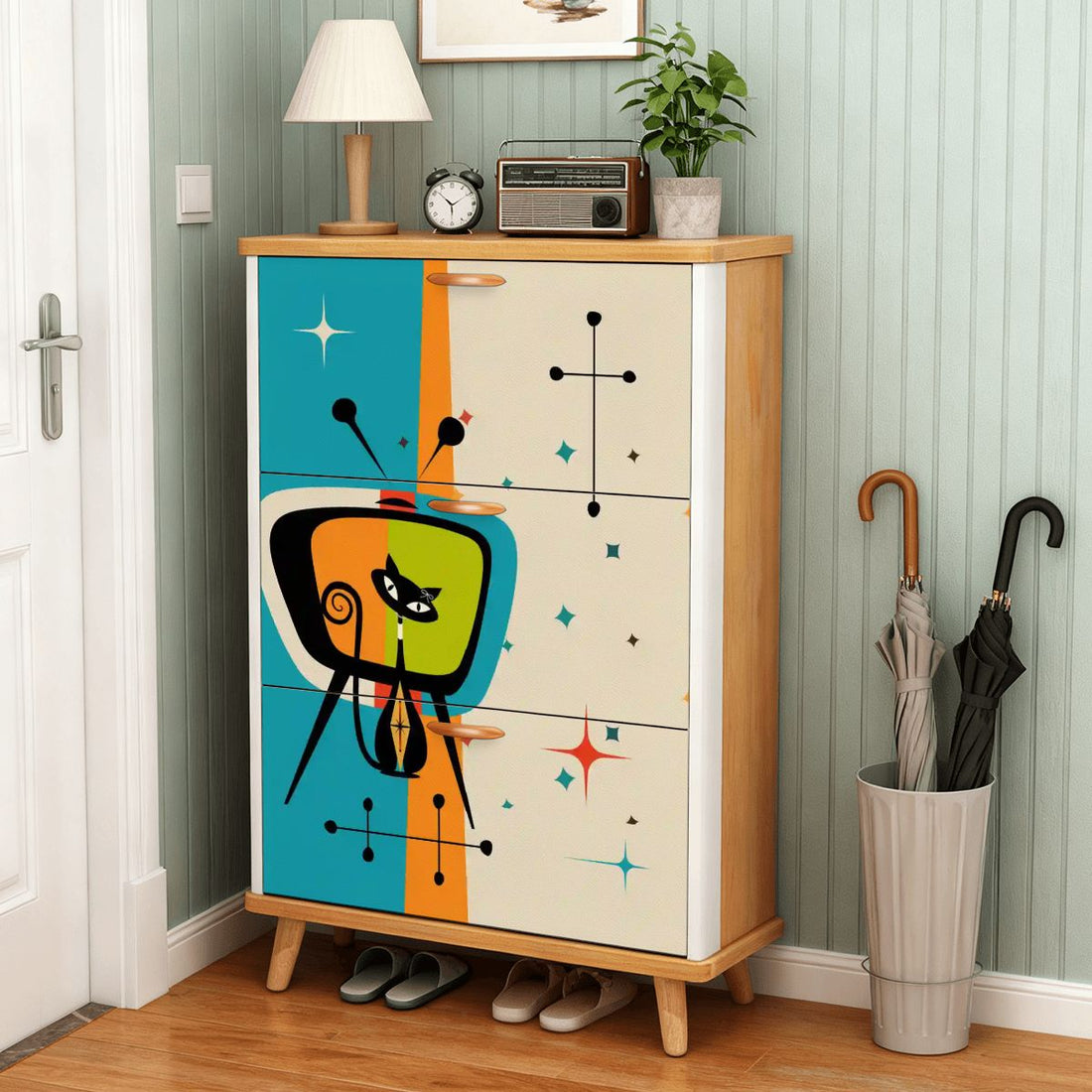 Kate McEnroe New York Mid Century Atomic Cat Retro TV Shoe Cabinet, Vintage Style Starburst Storage, 50s Mod FurnitureShoe StorageKfMI84bKpH