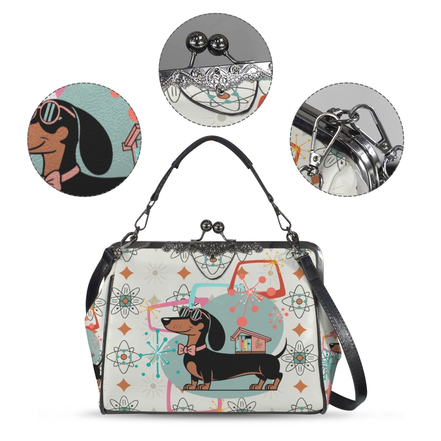 Kate McEnroe New York Mid Century Atomic Dachshund Starburst Doxie Dog Kisslock PurseCrossbody BagsD3266658