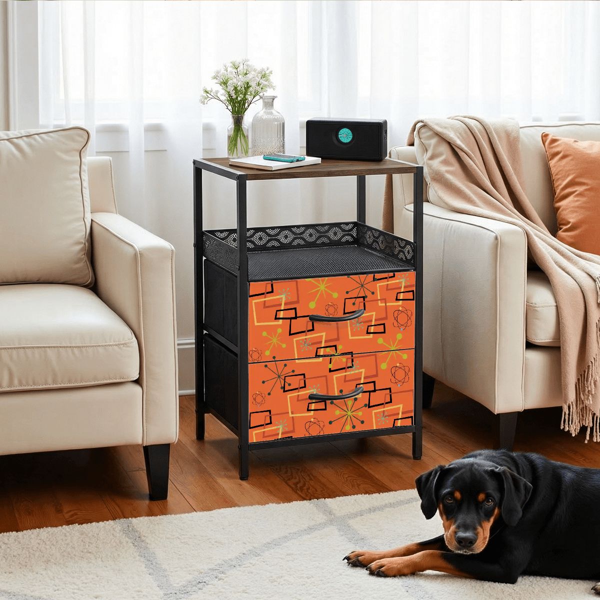 Kate McEnroe New York Mid Century Atomic Orange Nightstand Starburst 2 Drawer Bedside TableNightStands5ybKm1lVuI