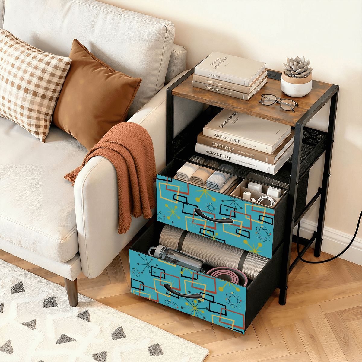 Kate McEnroe New York Mid Century Atomic Starburst Turquoise Nightstand with StorageNightStandsI9bX8zJ6fK