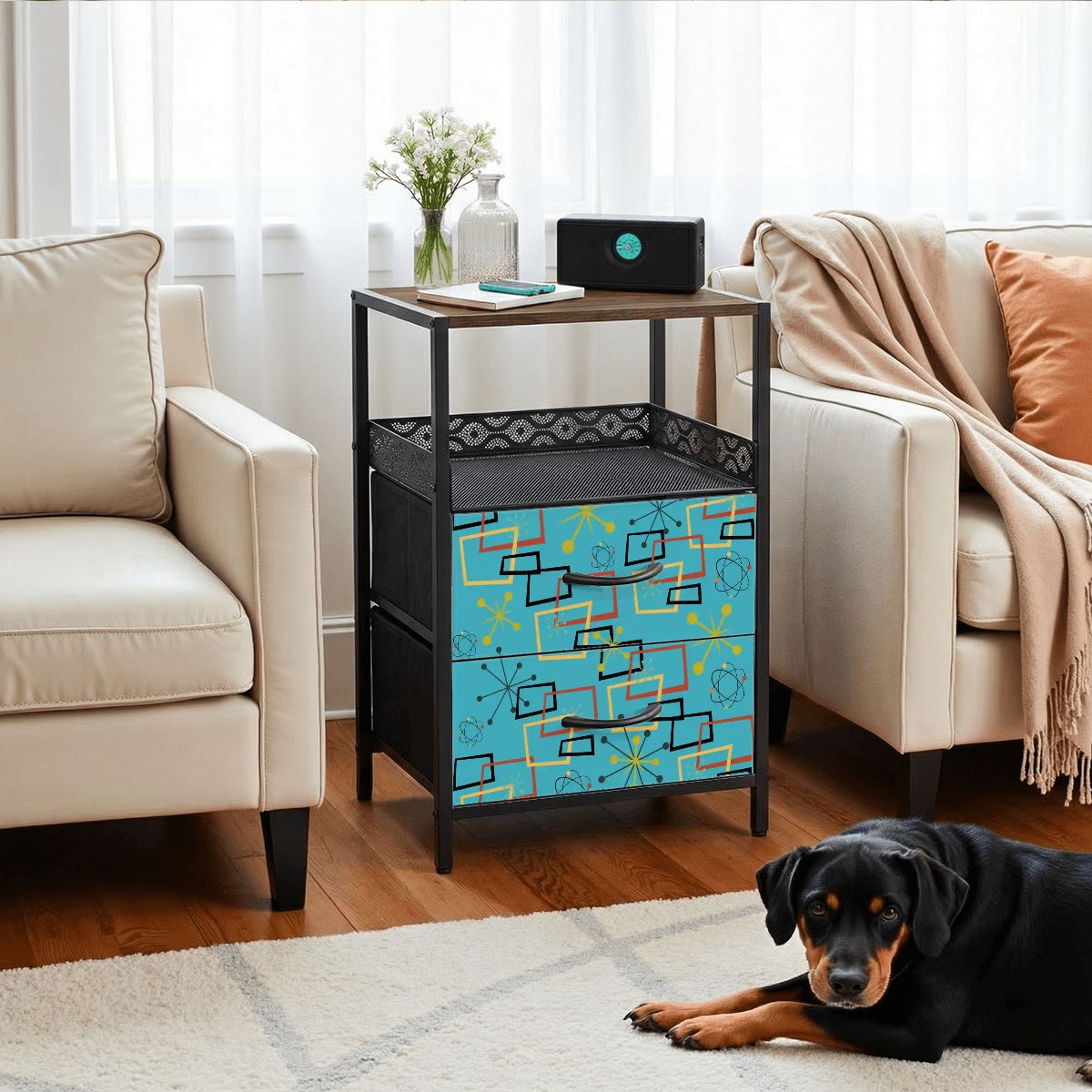 Kate McEnroe New York Mid Century Atomic Starburst Turquoise Nightstand with StorageNightStandsI9bX8zJ6fK