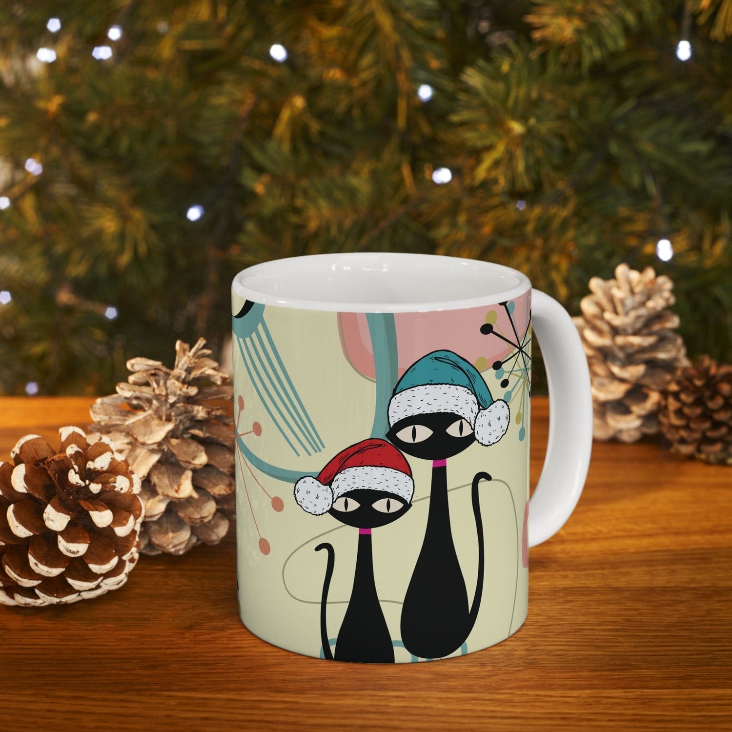 Kate McEnroe New York Mid Century Christmas Cat Mug - Retro Atomic Starburst Boomerang Holiday Drinkware - Kitschy Hippie 11oz CupMugs69012923896369388546