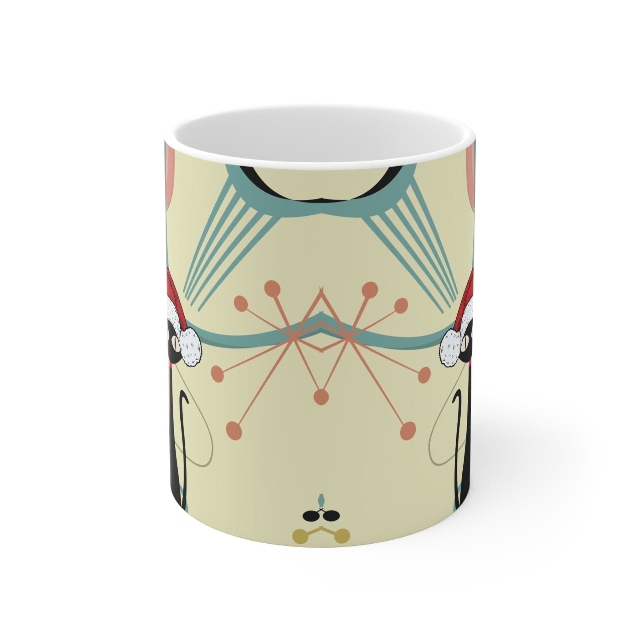 Kate McEnroe New York Mid Century Christmas Cat Mug - Retro Atomic Starburst Boomerang Holiday Drinkware - Kitschy Hippie 11oz CupMugs69012923896369388546