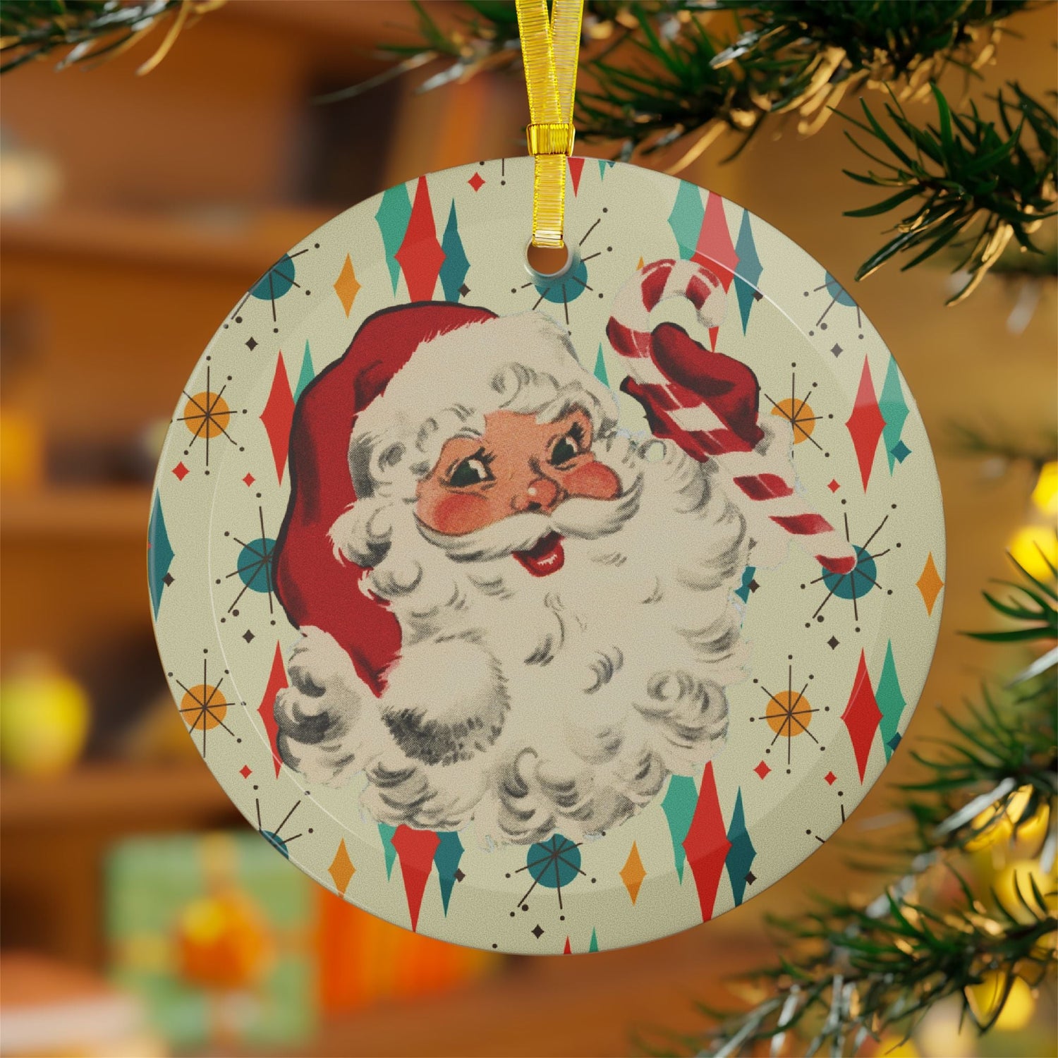 Kate McEnroe New York Mid Century Christmas Glass Ornament Retro 50s Santa Starburst AccentOrnaments28362744926796505918