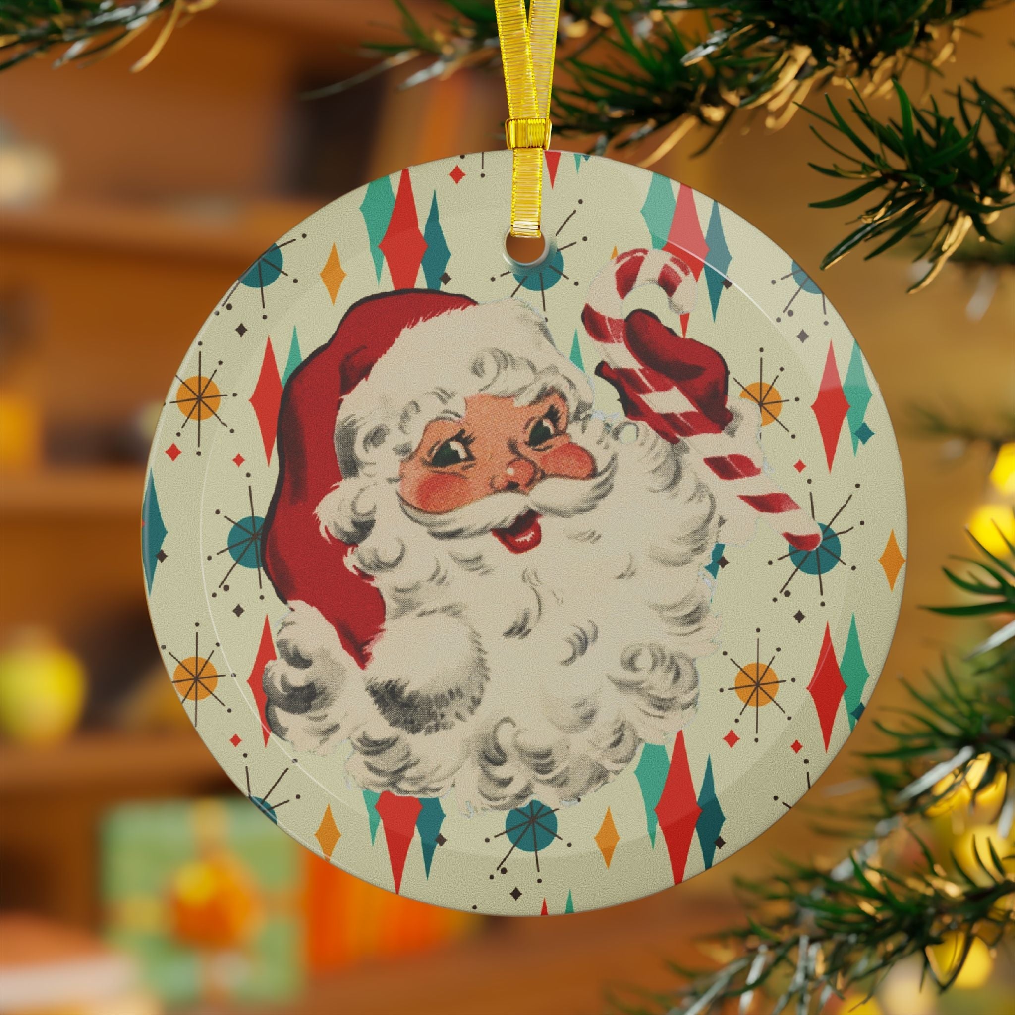 Kate McEnroe New York Mid Century Christmas Glass Ornament Retro 50s Santa Starburst AccentOrnaments28362744926796505918