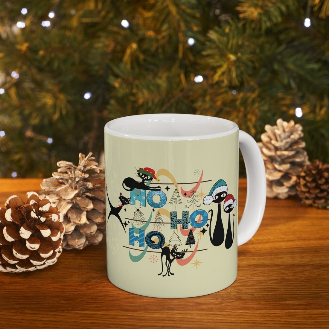 Kate McEnroe New York Mid Century Christmas Kitty Mug - Ho Ho Ho Retro Atomic Boomerang Starburst Holiday Cup - 11oz Kitschy Cat Lover Gift 11583604389709481395
