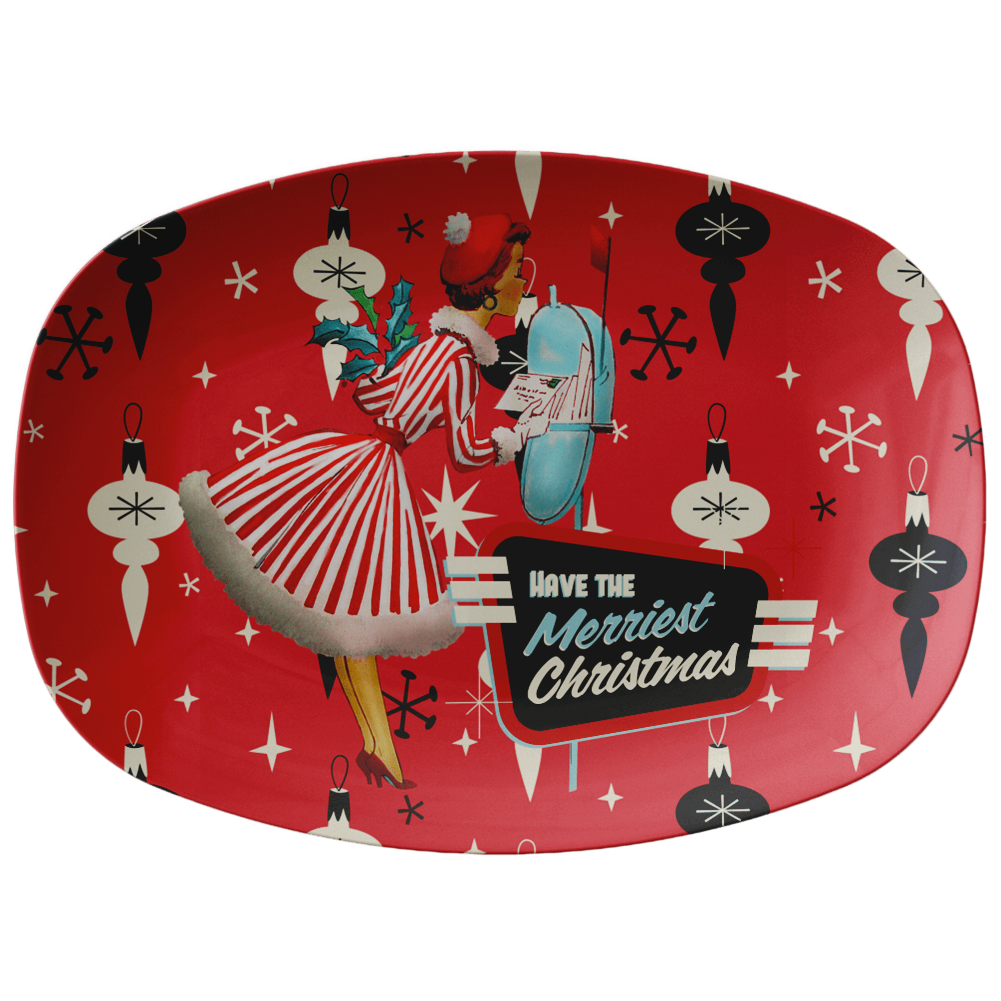 Kate McEnroe New York Mid Century Christmas Platter Retro 50s Kitsch Merriest Holiday ServewareServing Platters9727