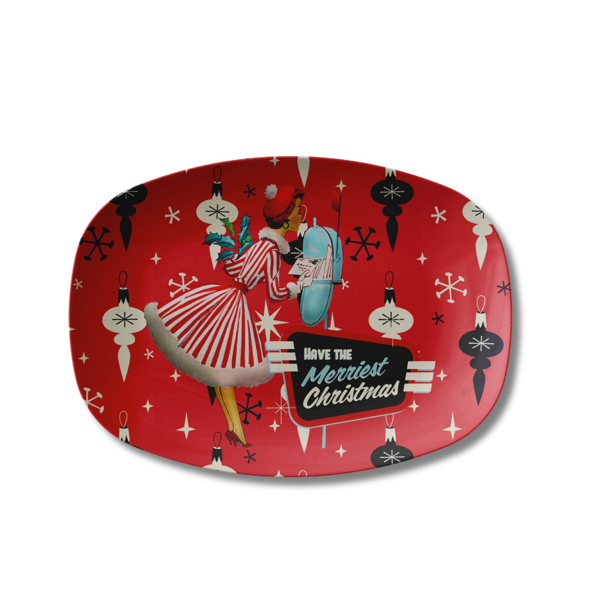 Kate McEnroe New York Mid Century Christmas Platter Retro 50s Kitsch Merriest Holiday ServewareServing Platters9727