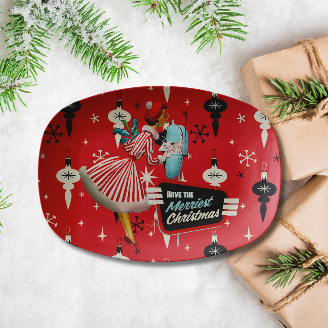 Kate McEnroe New York Mid Century Christmas Platter Retro 50s Kitsch Merriest Holiday ServewareServing Platters9727