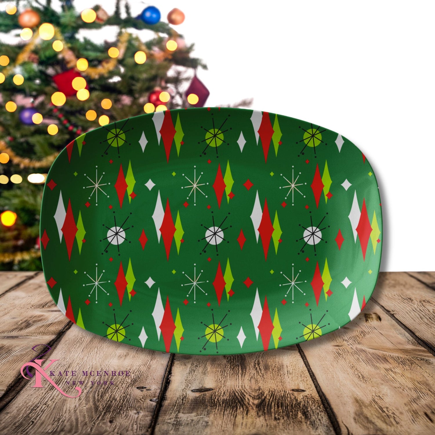 Kate McEnroe New York Mid Century Franciscan Diamond Starburst Green Christmas Serving PlatterServing PlattersFDS - GRN