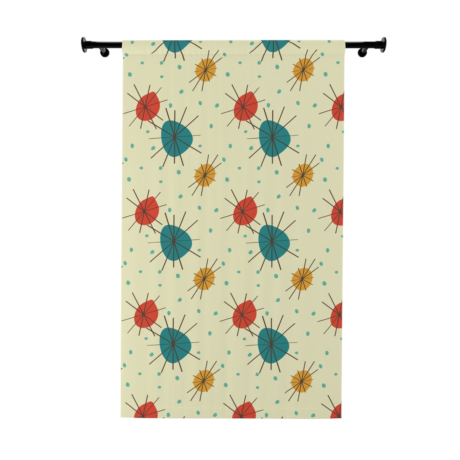 Kate McEnroe New York Mid Century Franciscan Starburst Curtains, Atomic Teal, Mustard, Orange - Retro Window Panels - KM13749723Window CurtainsW3S - ORA - GRA - SH3