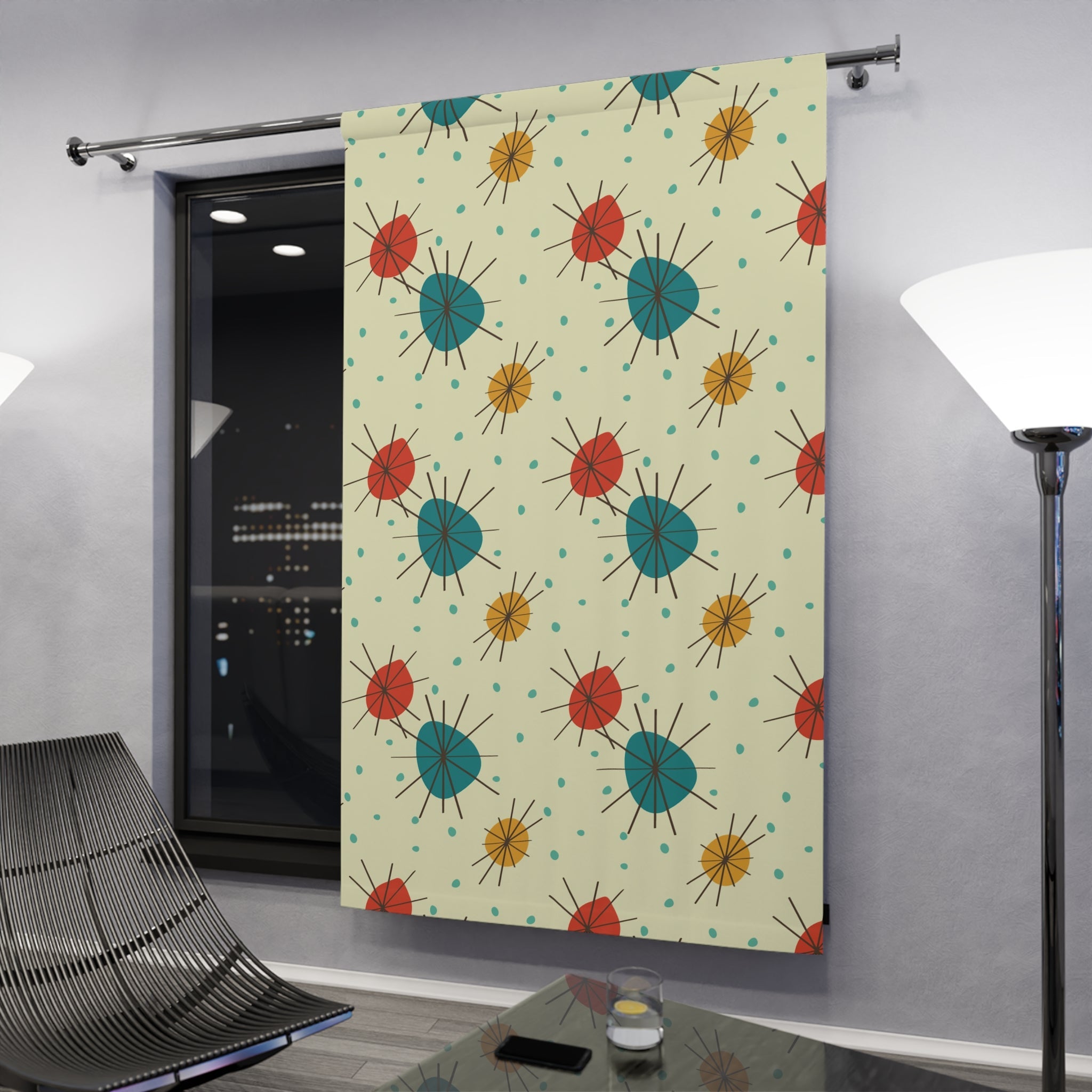 Kate McEnroe New York Mid Century Franciscan Starburst Curtains, Atomic Teal, Mustard, Orange - Retro Window Panels - KM13749723Window CurtainsW3S - ORA - GRA - SH3