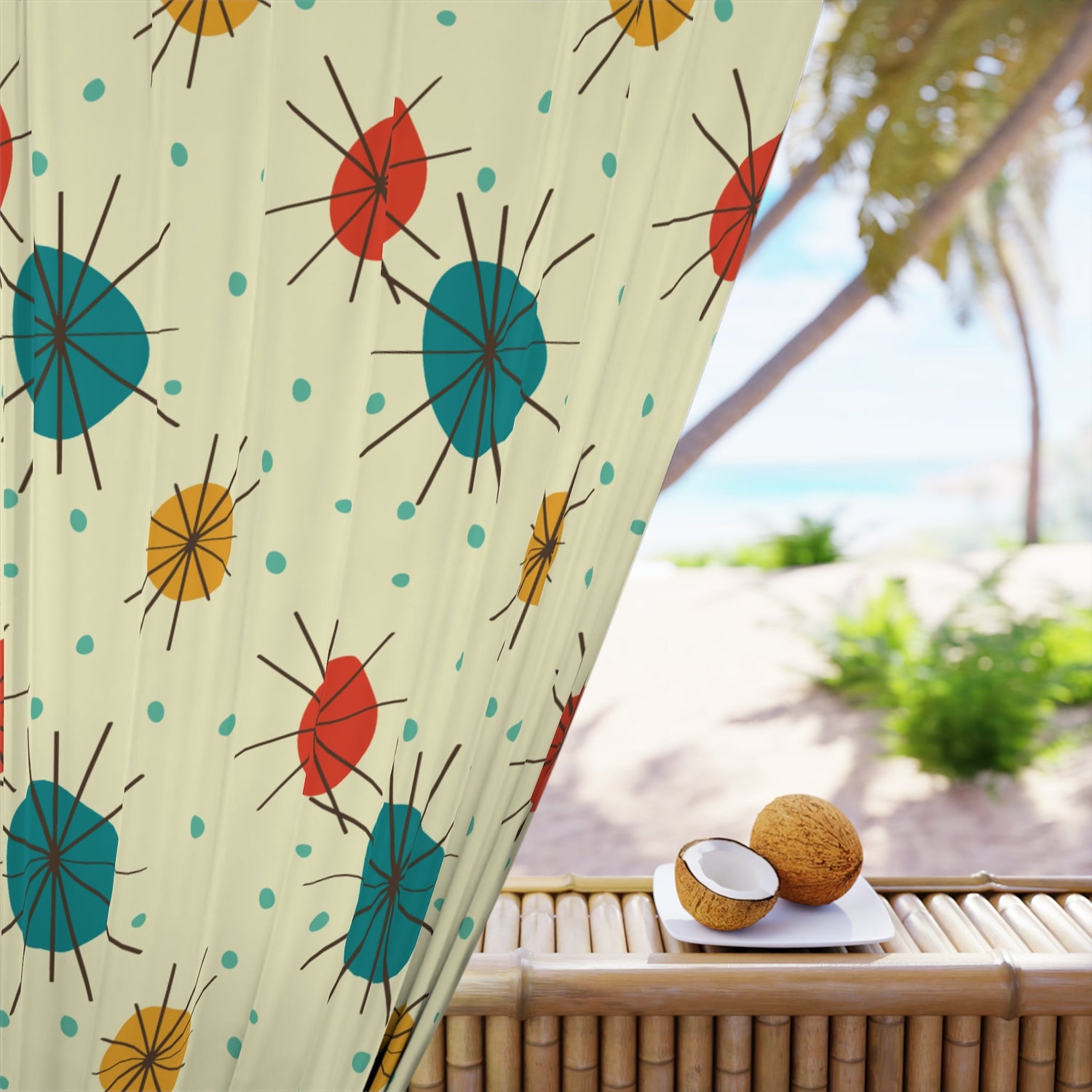 Kate McEnroe New York Mid Century Franciscan Starburst Curtains, Atomic Teal, Mustard, Orange - Retro Window Panels - KM13749723Window CurtainsW3S - ORA - GRA - SH3