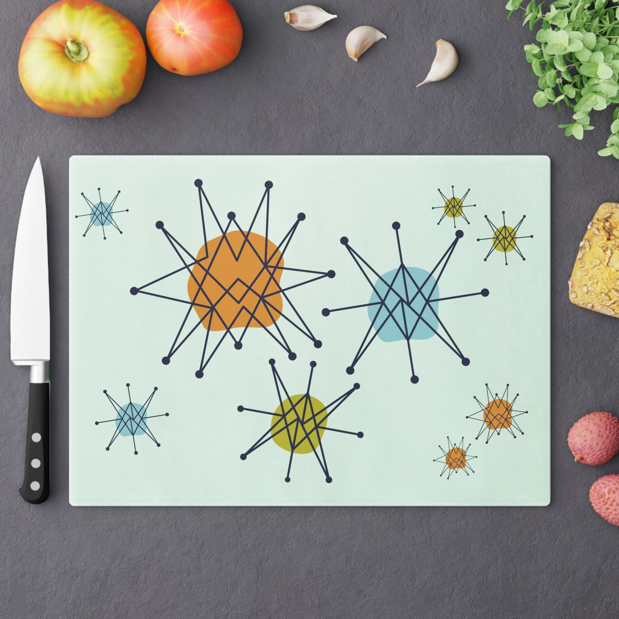 Kate McEnroe New York Mid Century Franciscan Starburst Glass Cutting Board, Retro MCM KitchenCutting Boards24541306155212577147