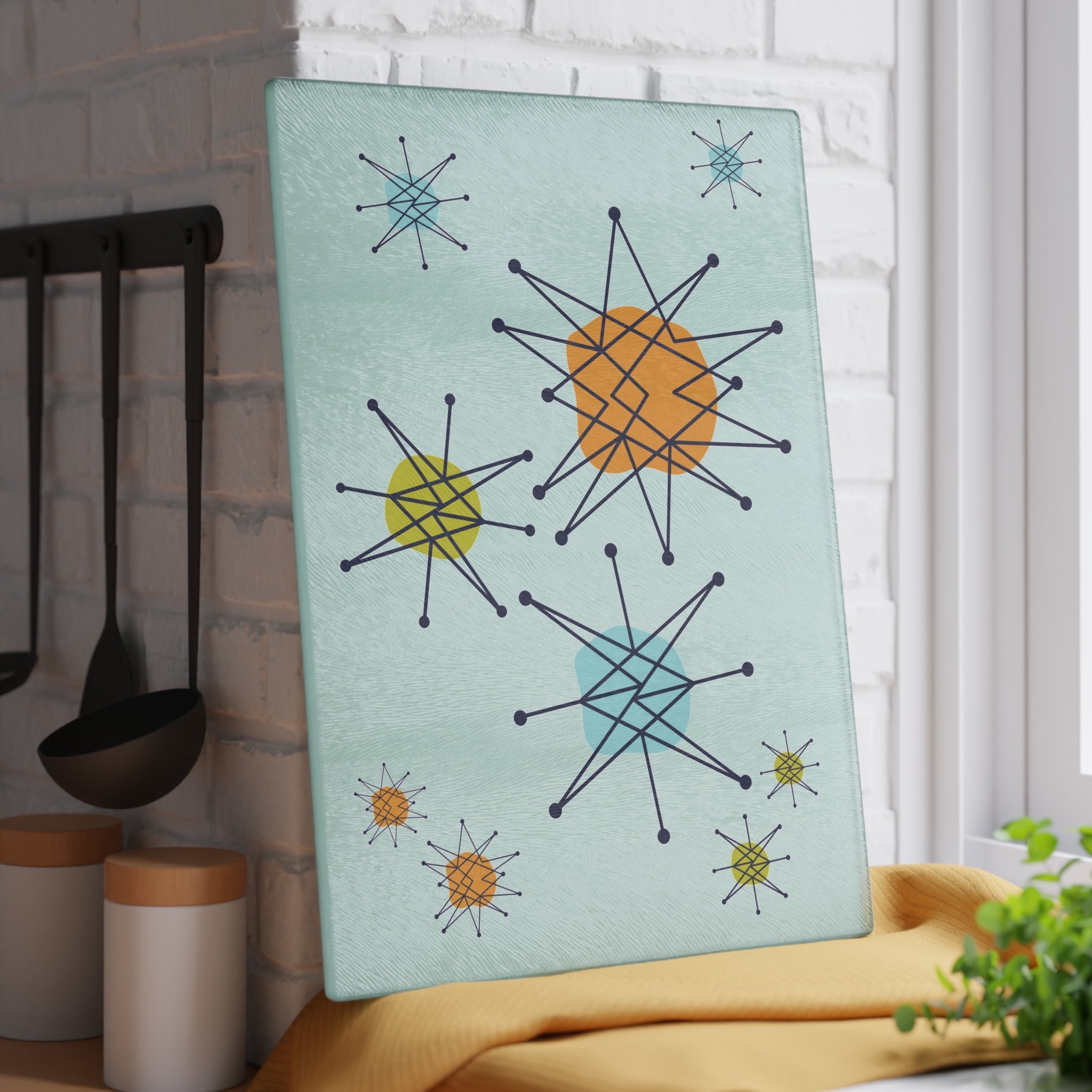 Kate McEnroe New York Mid Century Franciscan Starburst Glass Cutting Board, Retro MCM KitchenCutting Boards24541306155212577147