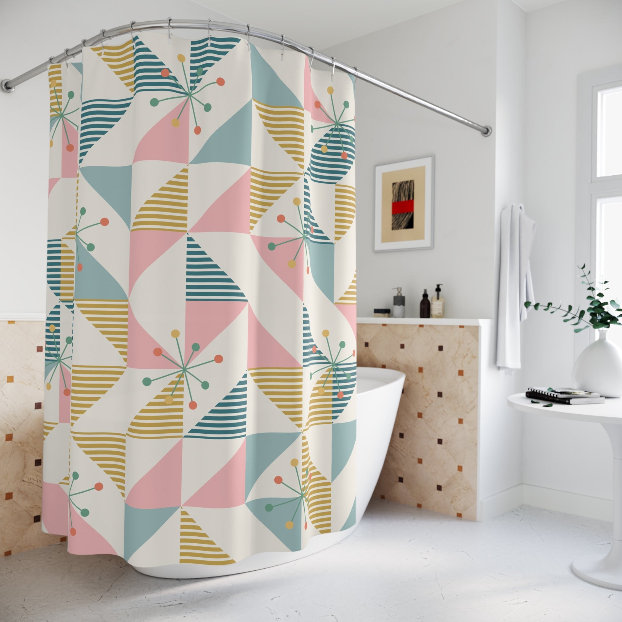 Kate McEnroe New York Mid Century Geometric Pattern Shower Curtain | Retro Atomic Starburst Bath DecorShower Curtains12546995542631982117