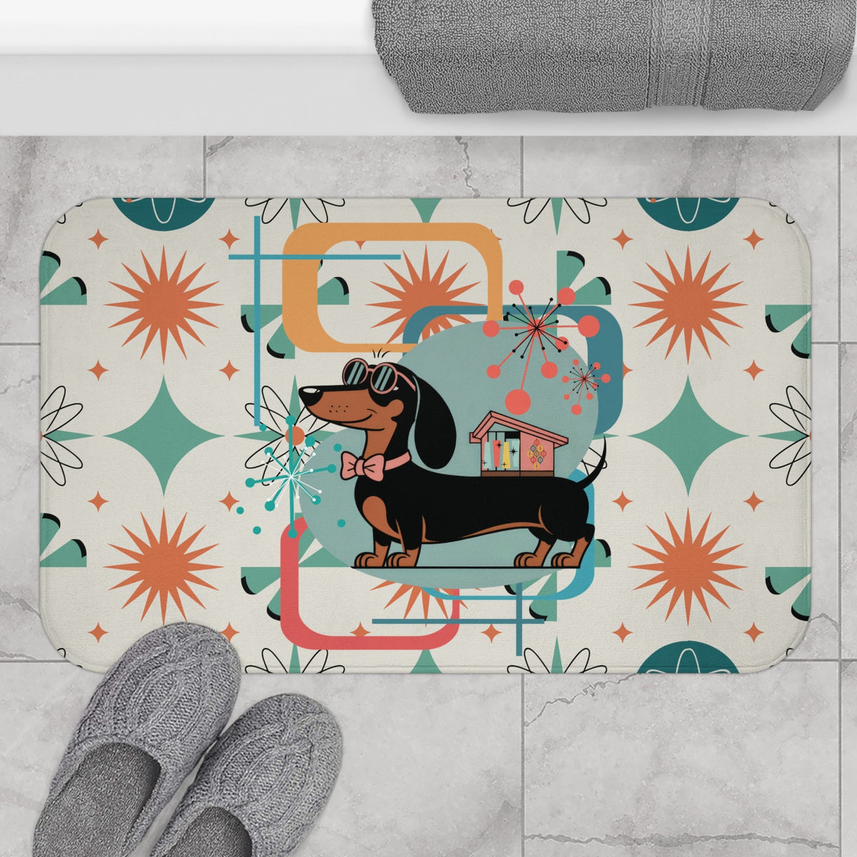 Kate McEnroe New York Mid Century Mod Dachshund Bath Mat, Teal Orange Cream Retro 50s Starburst BathBath Mats24180956556498890766