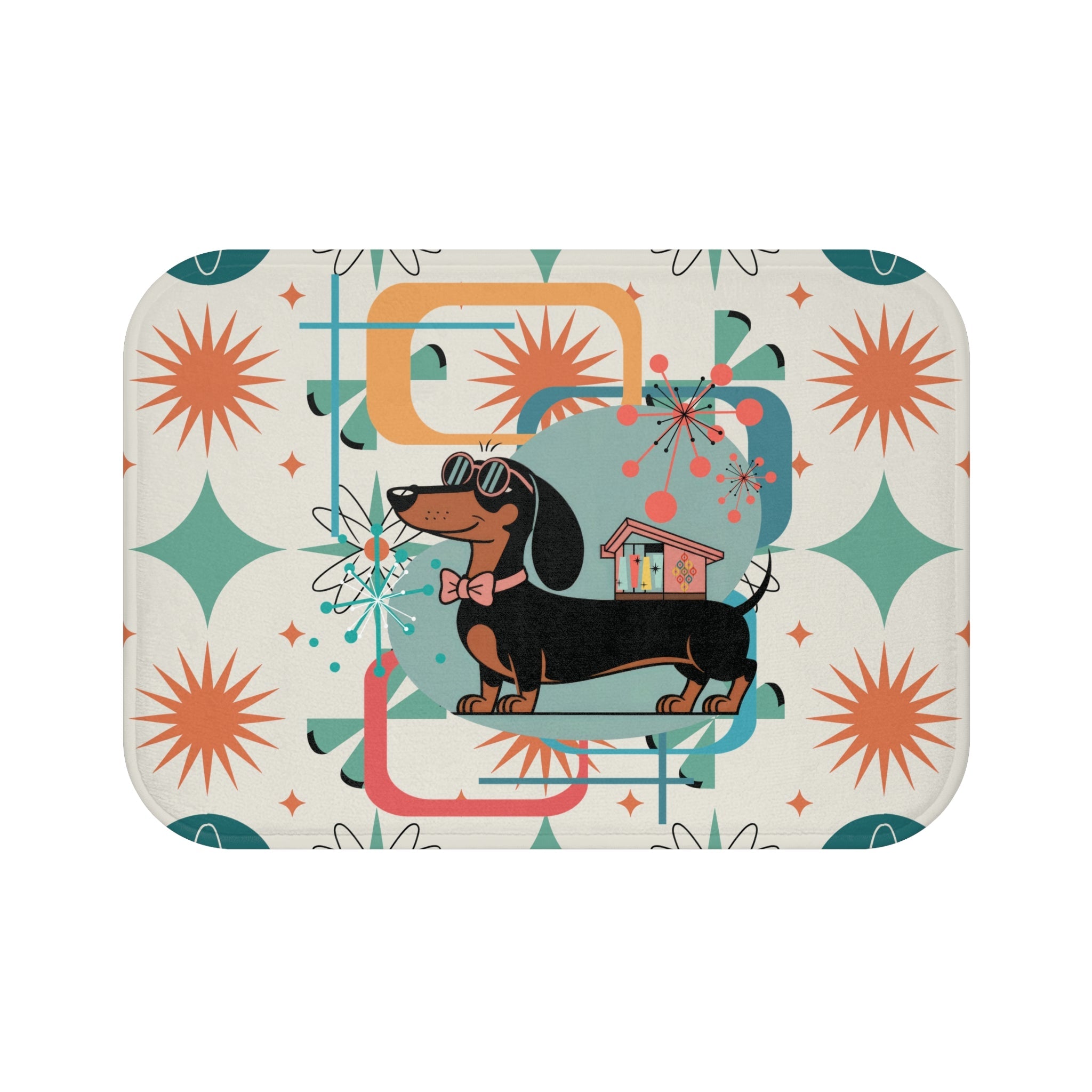 Kate McEnroe New York Mid Century Mod Dachshund Bath Mat, Teal Orange Cream Retro 50s Starburst BathBath Mats73202047155764953679