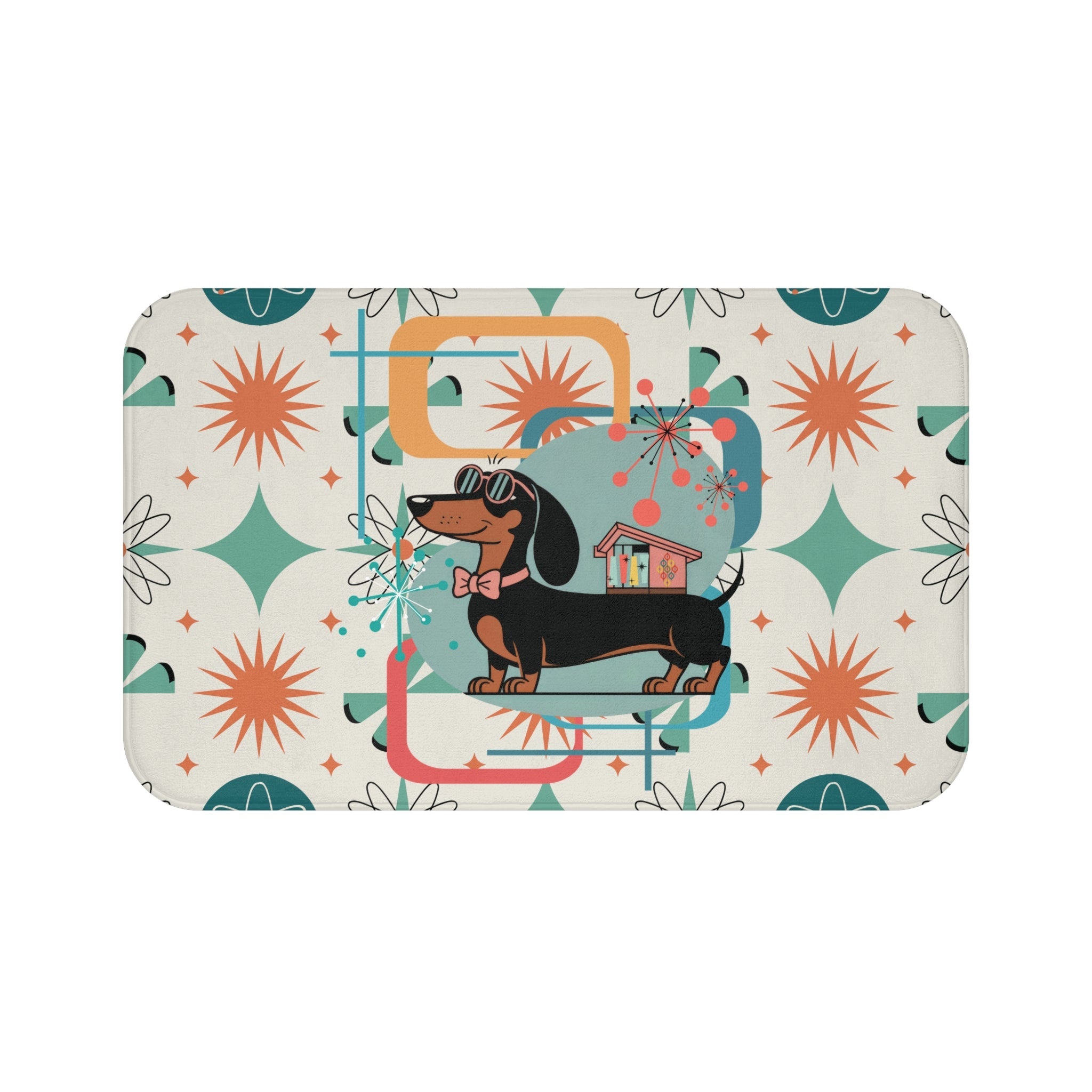 Kate McEnroe New York Mid Century Mod Dachshund Bath Mat, Teal Orange Cream Retro 50s Starburst BathBath Mats73202047155764953679