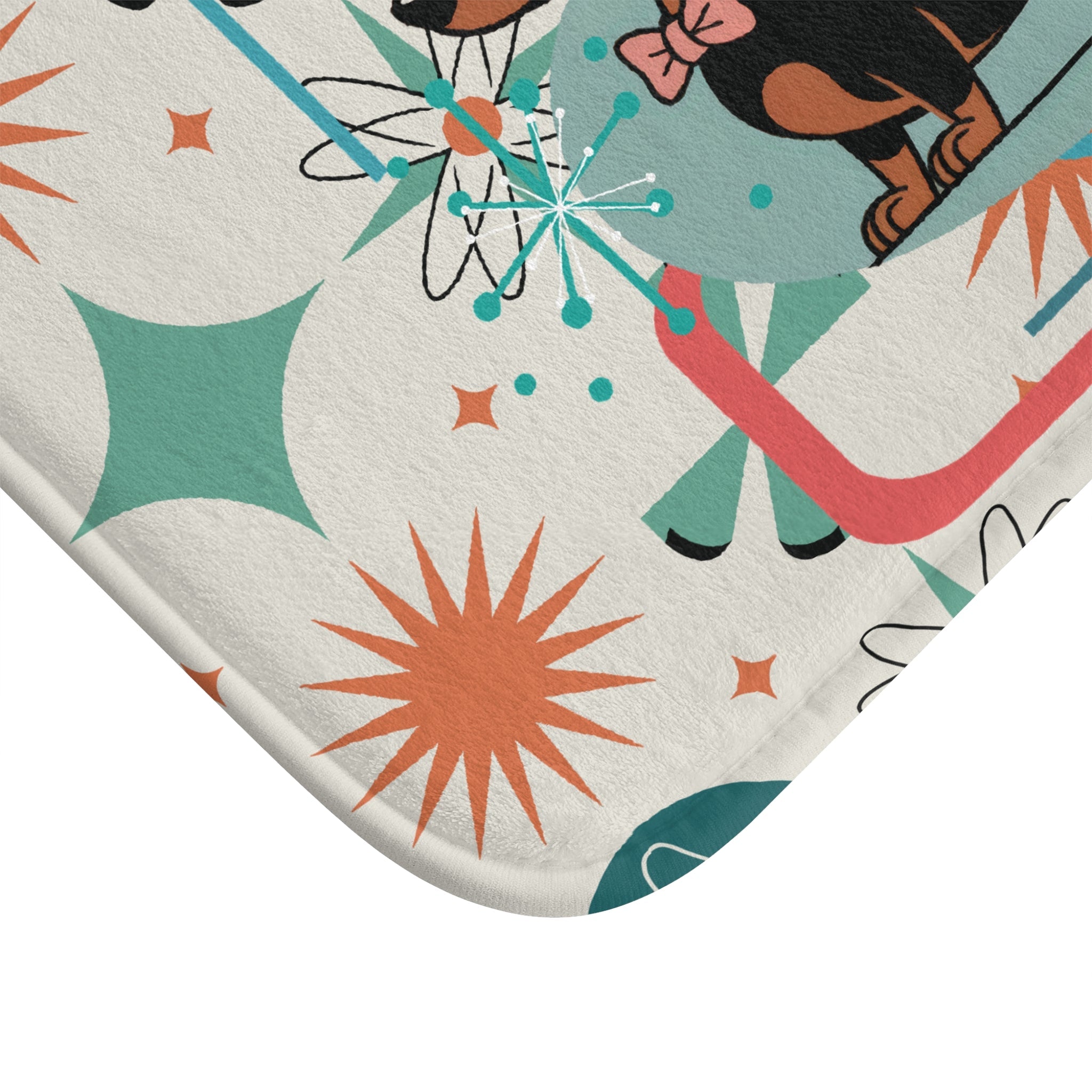 Kate McEnroe New York Mid Century Mod Dachshund Bath Mat, Teal Orange Cream Retro 50s Starburst BathBath Mats73202047155764953679