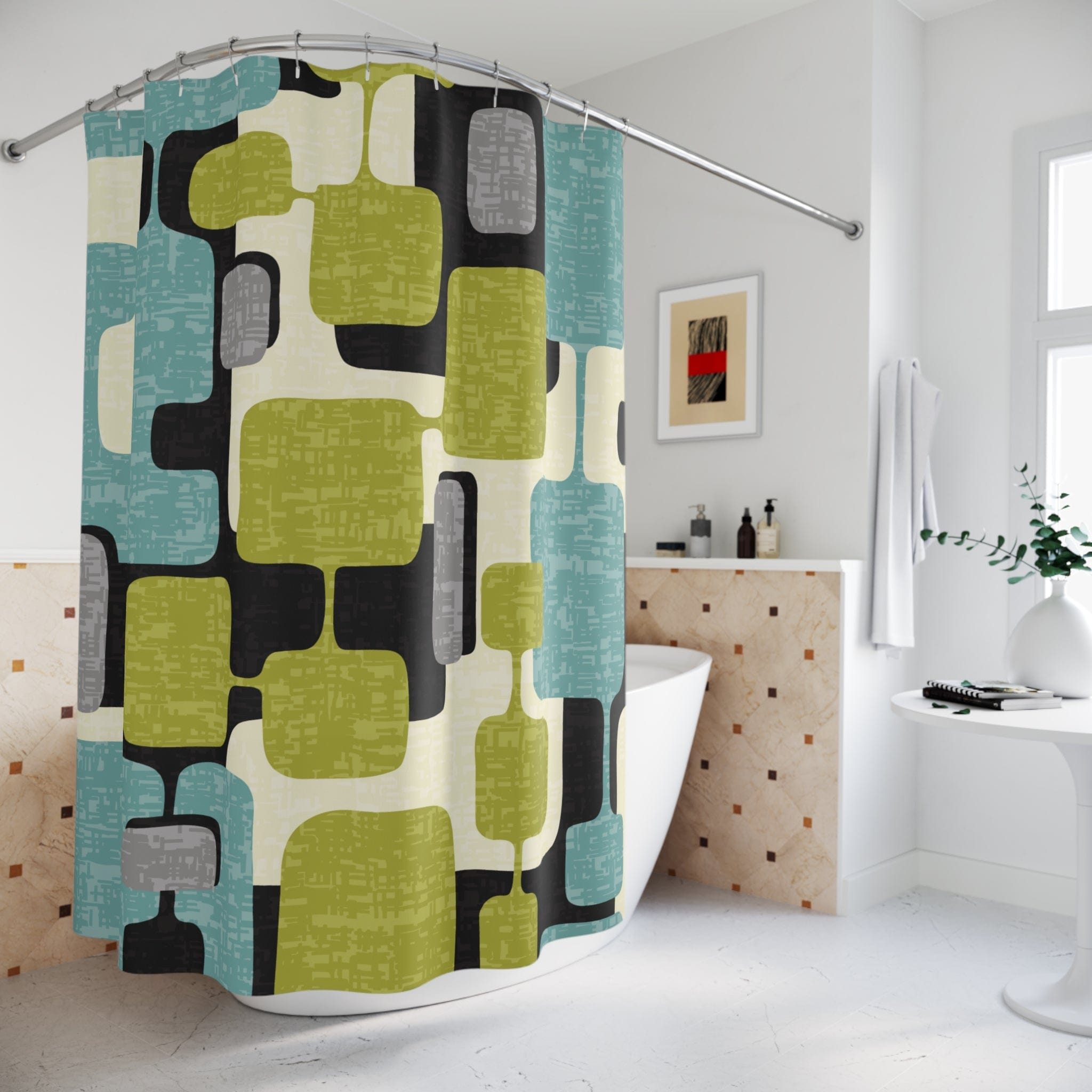 Kate McEnroe New York Mid Century Mod Geometric Shower Curtain, Teal &amp; Lime Retro Bath DecorShower Curtains24160036939740436281