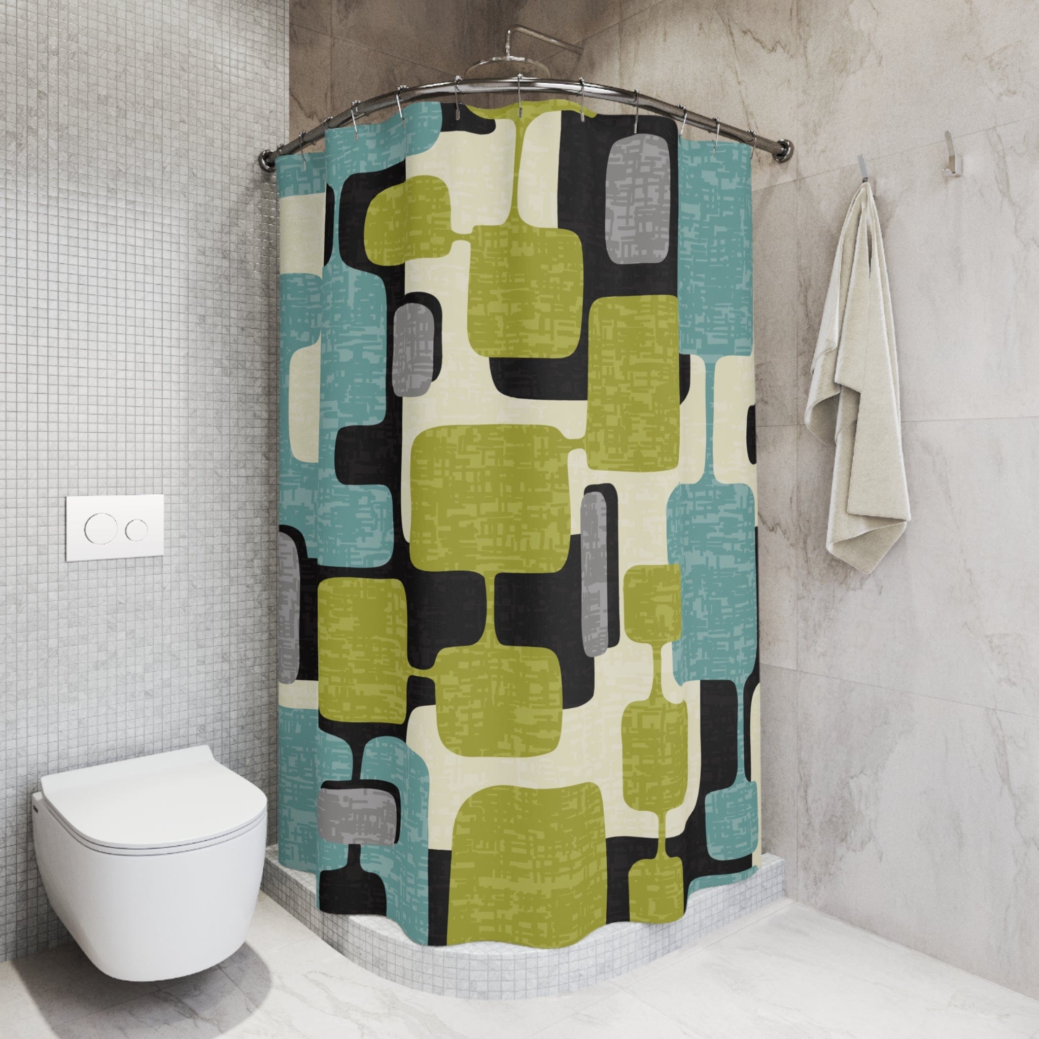 Kate McEnroe New York Mid Century Mod Geometric Shower Curtain, Teal &amp; Lime Retro Bath DecorShower Curtains24160036939740436281