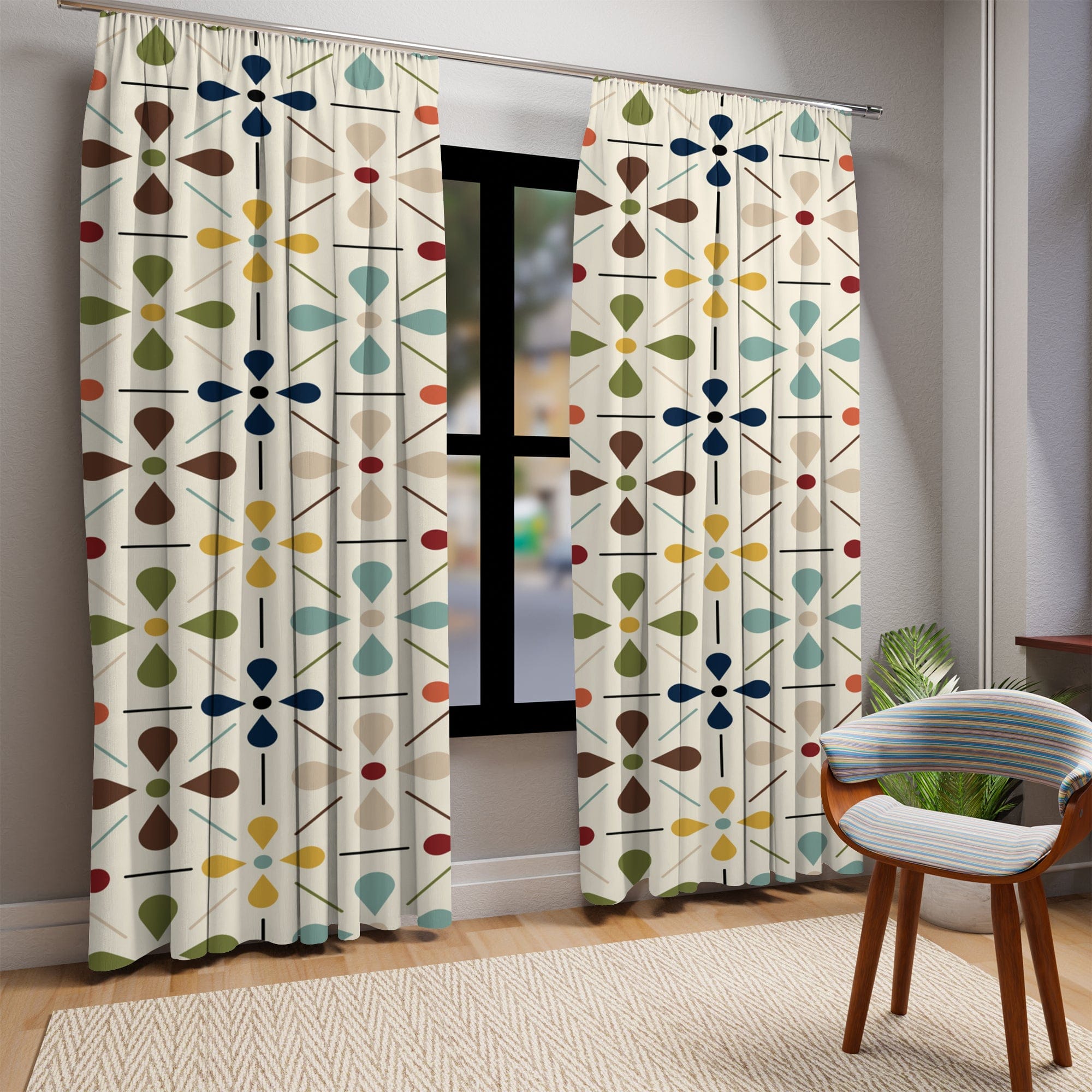 Kate McEnroe New York Mid Century Modern 1950s Retro Floral Window Curtains, Minimalist MCM Cream, Olive, Mustard, Brown Curtain Panel DrapesWindow Curtains19963197409764275225